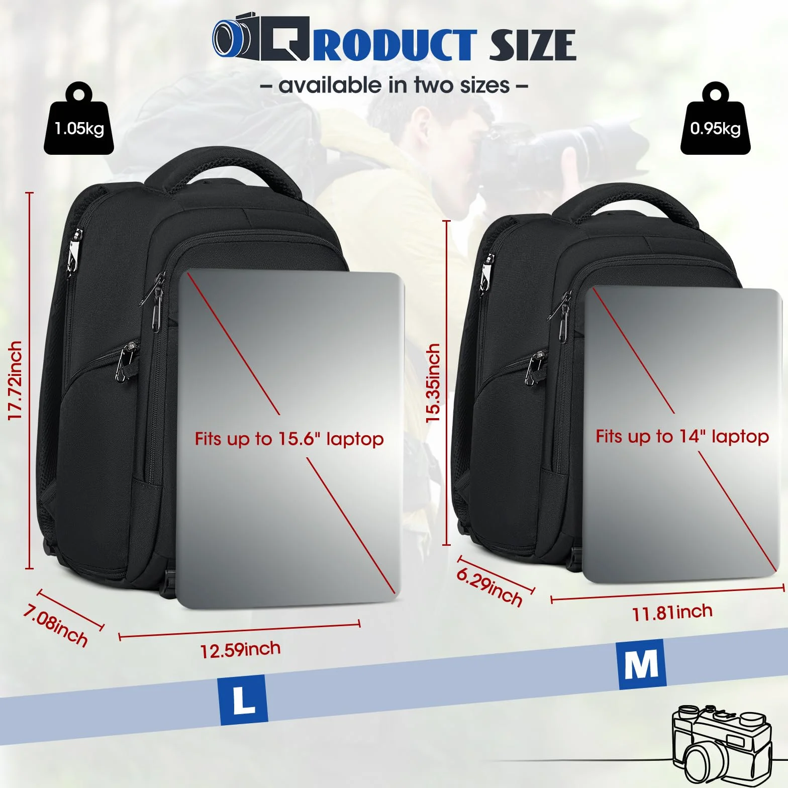 RAINSMORE Fotorucksack Kamerarucksack Groß mit 14 Zoll Laptopfach Leicht Kamera Rucksack DSLR SLR Kameratasche Regenschutz für Canon Nikon Sony Schwarz