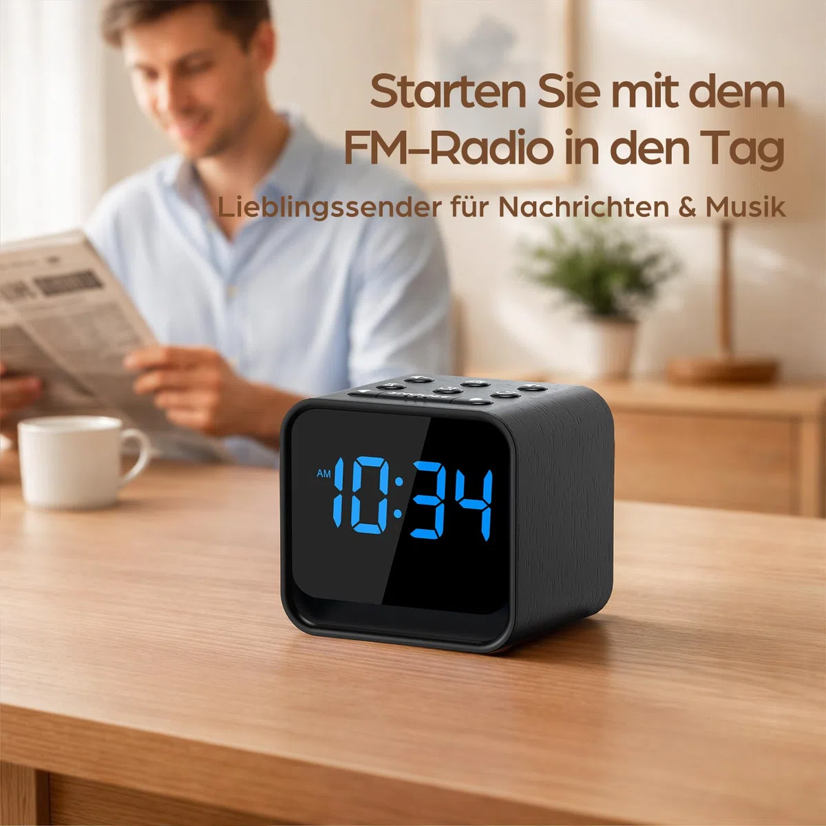 DOUMOSH Radiowecker Holzoptik mit Naturklängen & dimmbares Display - Sanftes Aufwachen mit steigender Lautstärke, digitaler Wecker mit Nachtlicht, Kompaktes Design für den Nachttisch