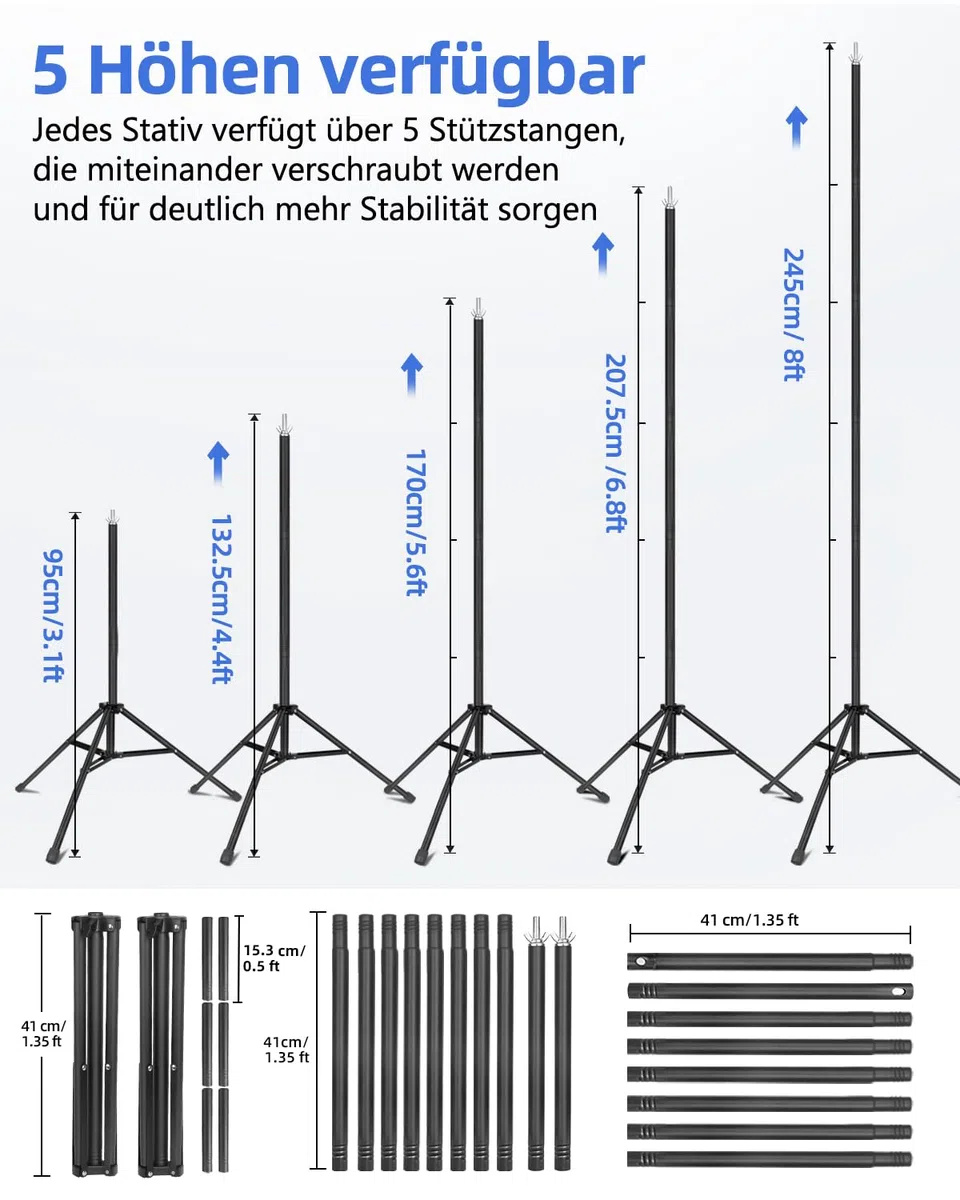 Foto Hintergrund Ständer Set 3m x 2,4m, Verstellbarer Fotohintergrund Ständer mit 6 Klemmen & Tragetasche für Fotografie, Foto Hintergrund, Fotostudio, Backdrop Stand, Hochzeit, Party Deko