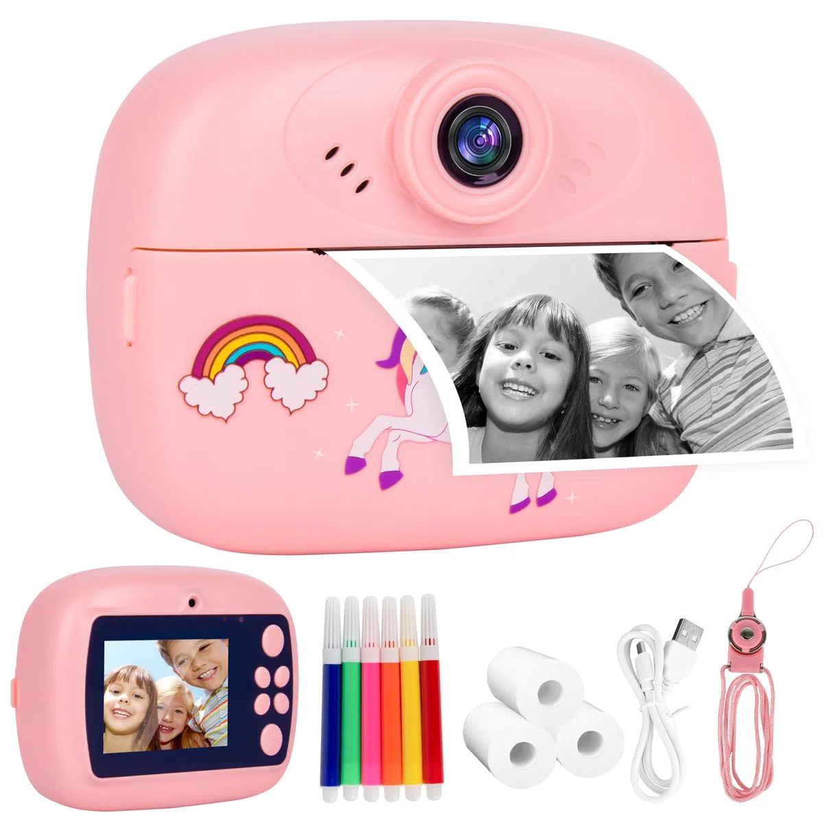 Kinderkamera Sofortbildkamera 1080P 32GB SD-Karte 3 Rollen Druckpapier für Kinder 3-12 Jahre