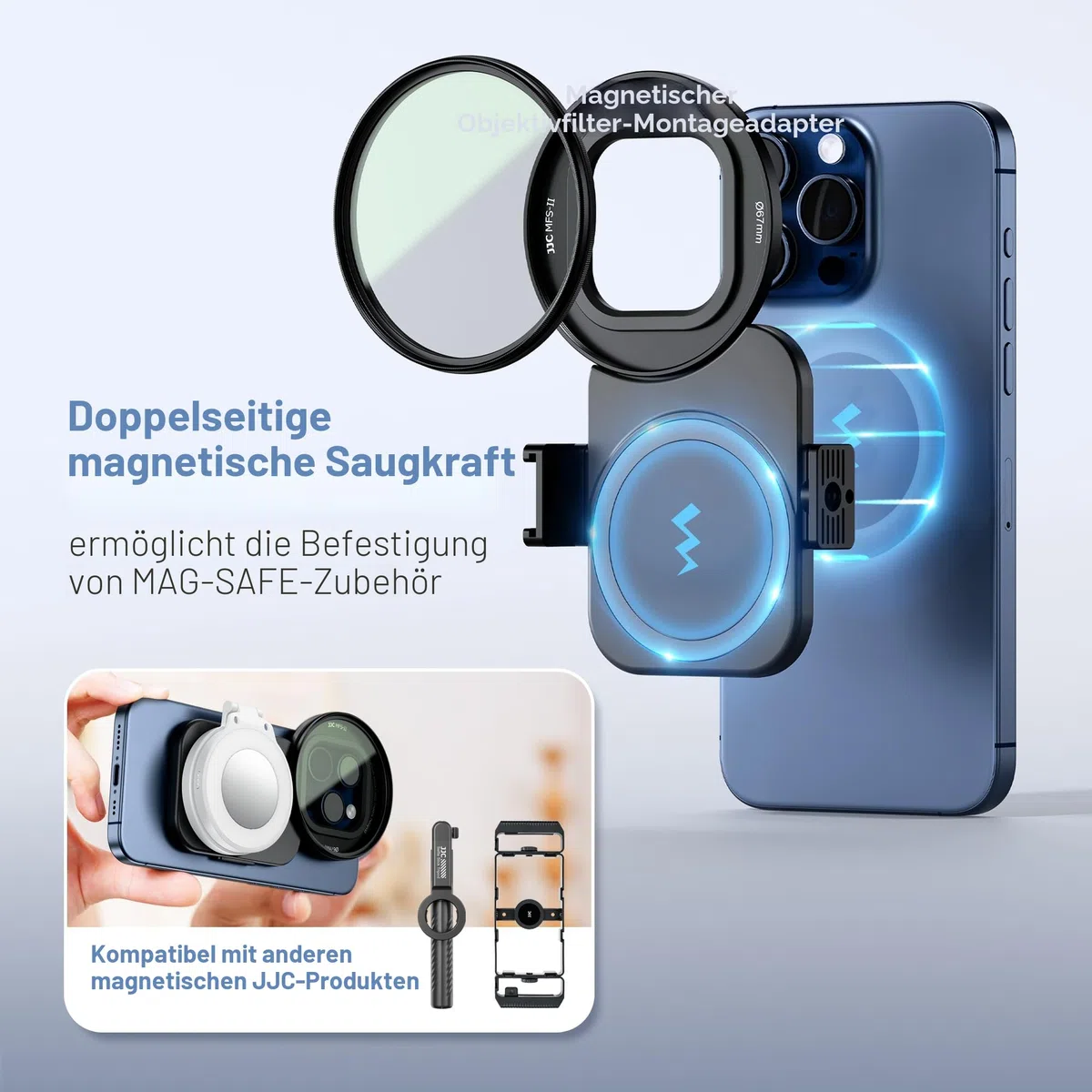 JJC 67mm Magnetischer Handy Filter Halterung Adapter für iPhone 17, 17 Pro Max/Pro/Plus, 16, 16 Pro Max/Pro/Plus, 15, 15 Pro Max/Pro/Plus, 14, 14 Pro Max/Pro/Plus, Magnetisch Filter Clip