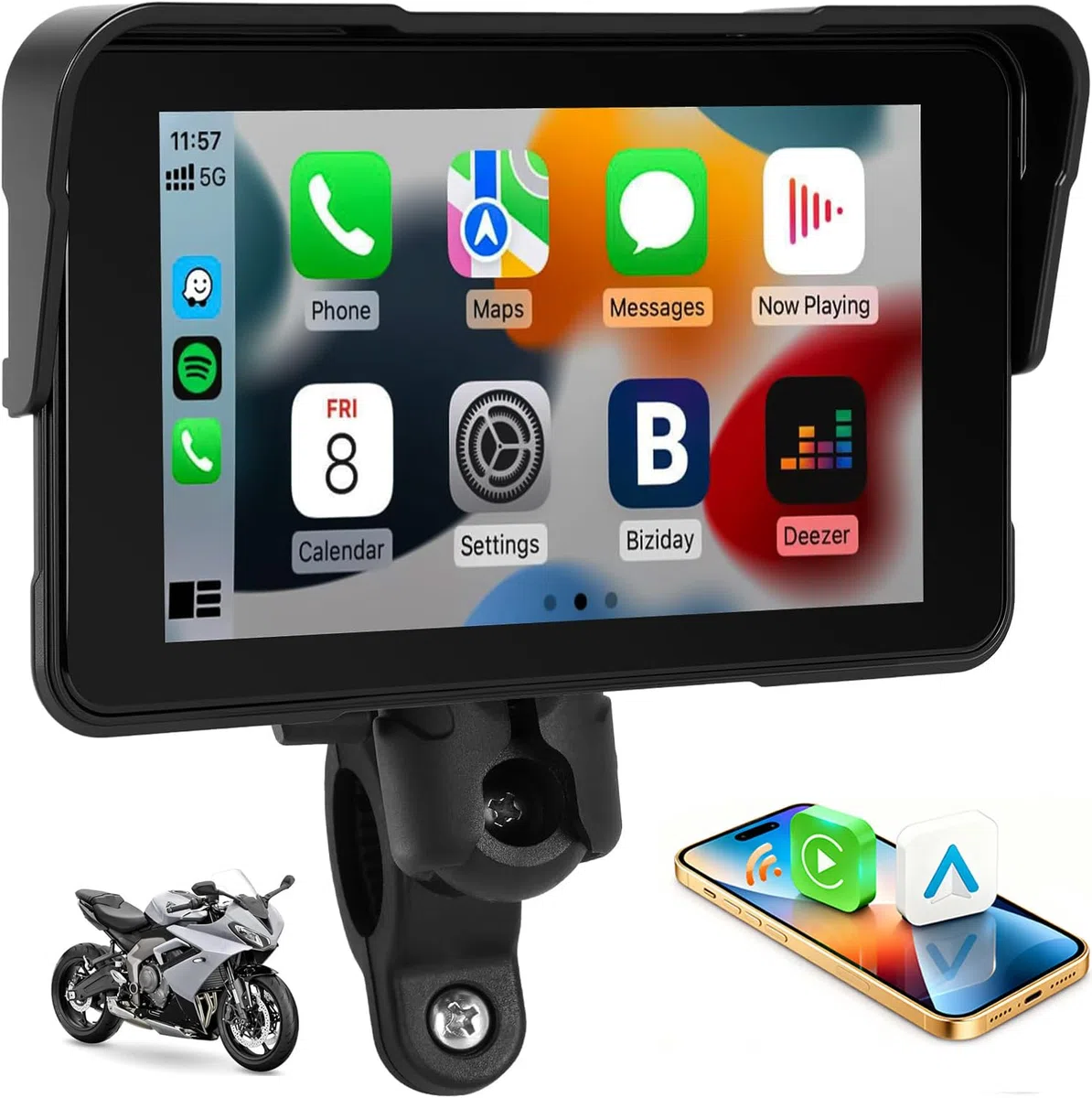 5 Zoll Motorrad Carplay Bildschirm mit Kabellos CarPlay und Android Auto, Touchscreen Bluetooth, Tragbarem Wasserdichtem, Navigation Schermo per Moto