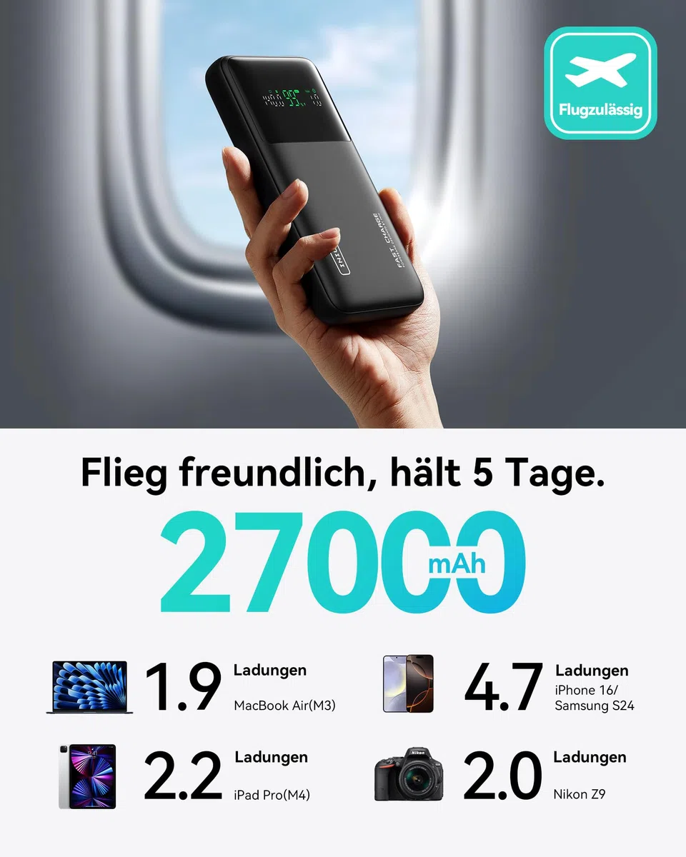INIU 140W Laptop Powerbank, 27000mAh Flugzeug-geeignet Hochkapazität USB C Powerbank mit Kabel & Display, 3-Port Schnelllade Externe Akku für MacBook Steam Deck iPhone iPad iPhone Samsung Travel