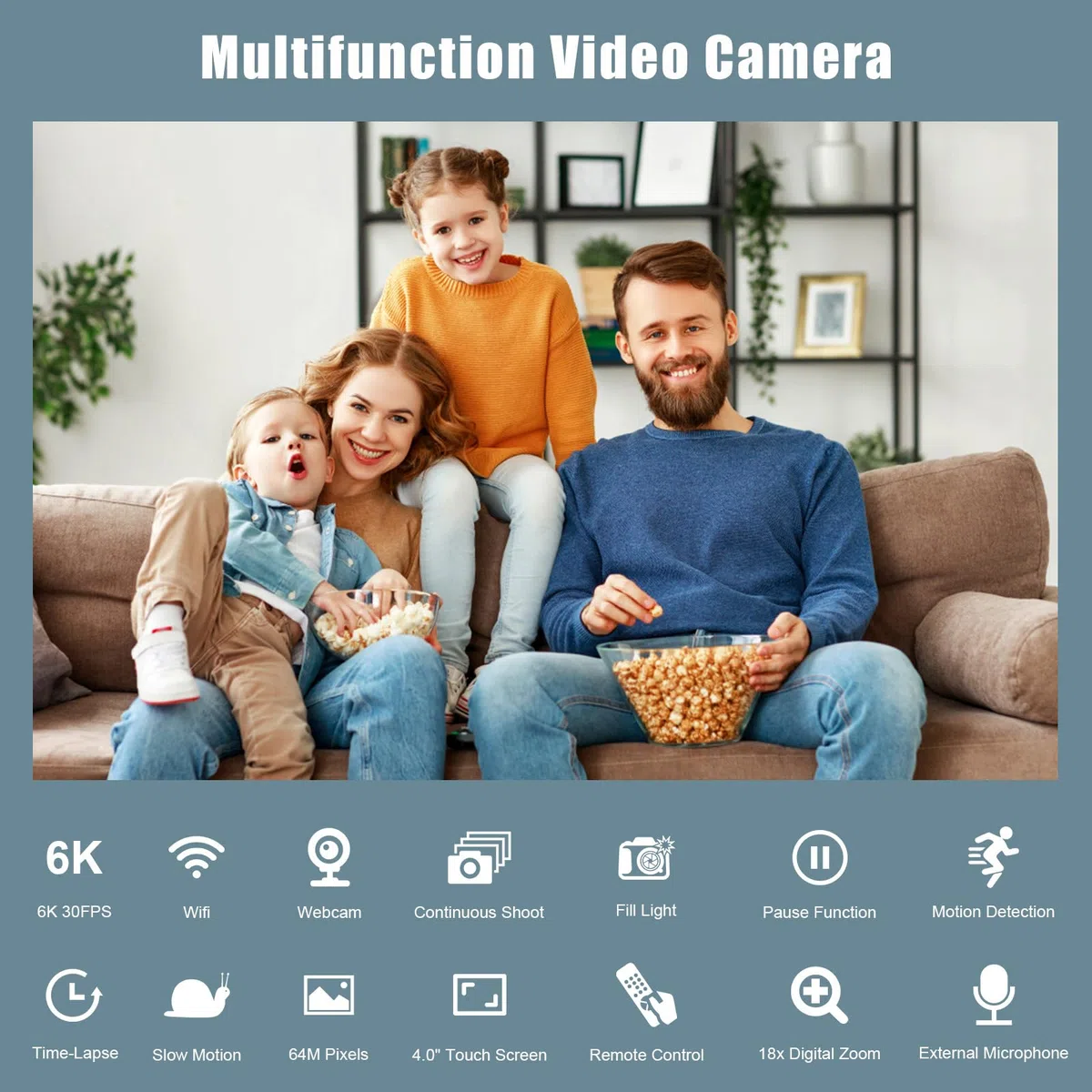 Videokamera 6K 64MP Camcorder 18X Digital Zoom Vlogging Camera for YouTube, 4.0" Touch Screen HD WiFi Videokamera mit 4500mAh Battery, 64G SD-Karte, Stabilizer, Microphone and Remote