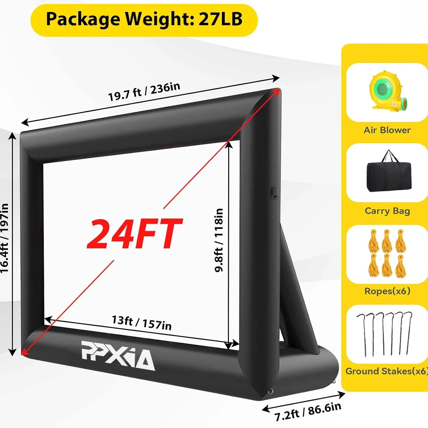 Aufblasbare Beamer 24FT Leinwand Mega Projektion Leinwand mit Stand und Gebläse, Vorder-und Rückprojektion Indoor Outdoor Projector Screen Tragbare Blow Up Filmleinwand 16: 9 für Heimkino