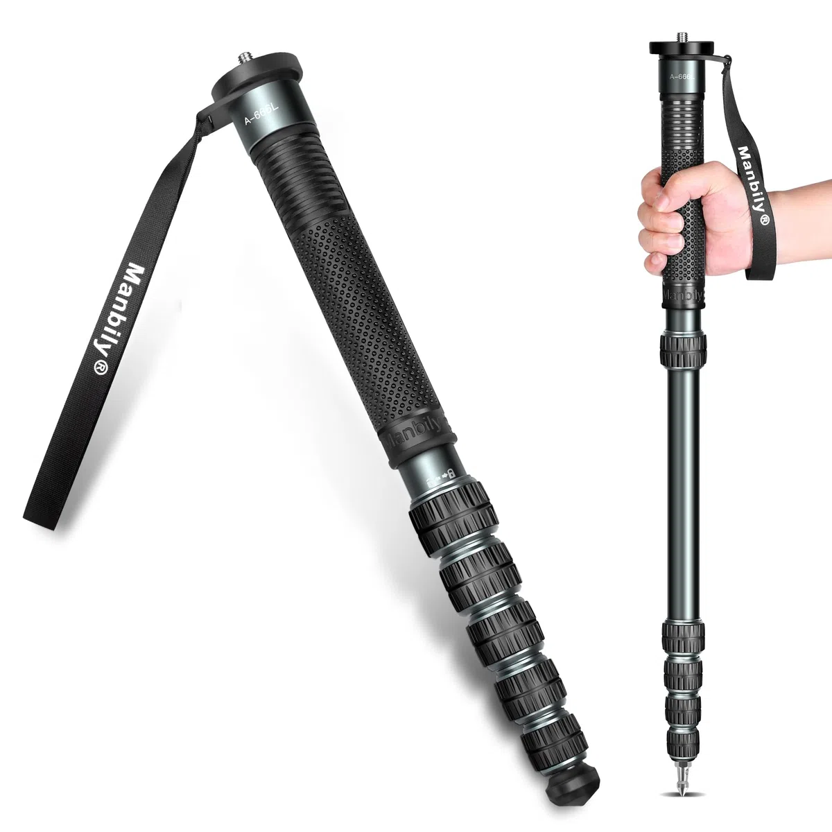 Manbily A-666L 32mm Einbeinstativ für Kameras 44cm-174cm aus Aluminium Monopod Stativ DSLR Reise-Einbeinstativ 6 Abschnitte Wanderstöcke Max. 15KG, 1/4 & 3/8 Zoll Videokamera (Metallgrau)