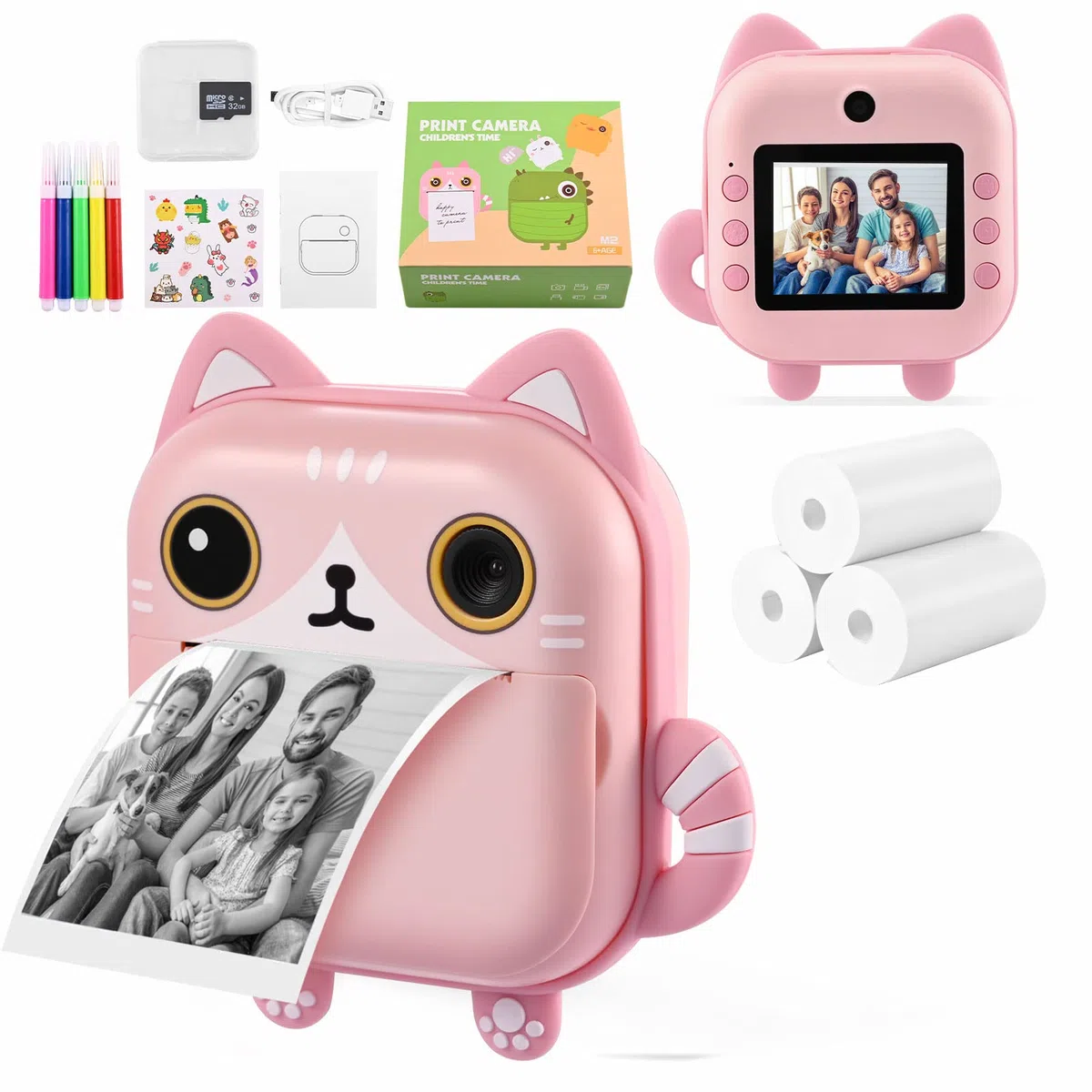 Aomdom Kinderkamera Sofortbildkamera 1080P 2,4 Zoll 10X Zoom Zero Ink Print-Papier 32G-Karte