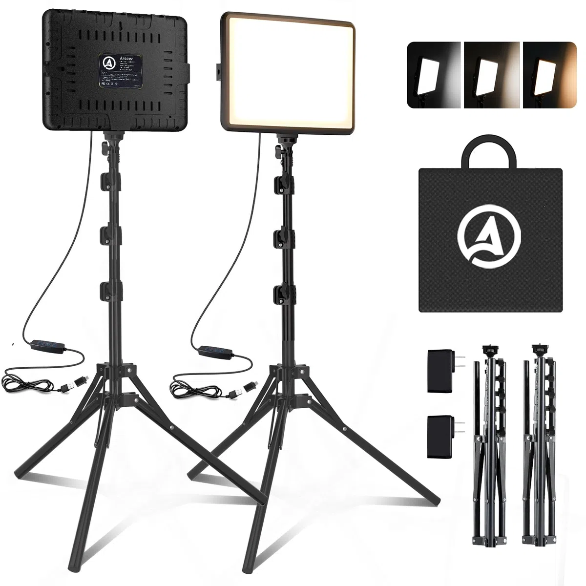 Video Licht Set, 2-Pack 25x20 cm 15 W LED Studio Fotolicht, Dimmbares 2800–6500K Kamera Licht für Video/Streamen von Selfies/Porträts im Innenbereich, Licht mit 160cm Stativ/TypC Adapter (2-Pack)