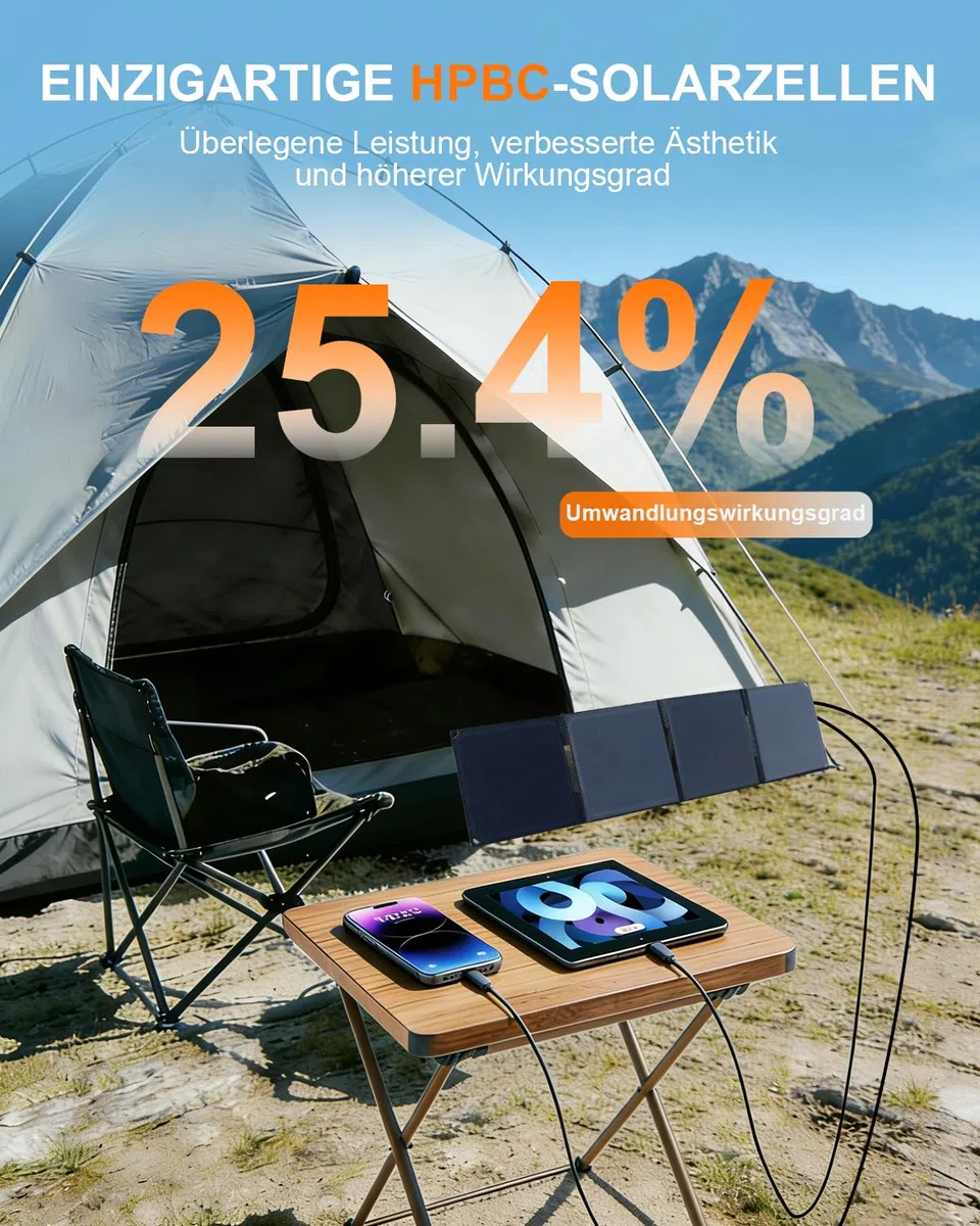 ELECAENTA 30W ETFE HPBC Solar Ladegerät 2-Port USB-C PD20W QC3.0 IP68 Wasserdicht Faltbar Solar Panel für iPhone/Android Handy, Smartphone, Tablet, Powerbank, Kamera, Outdoor, Camping, Reisen, 0.5kg