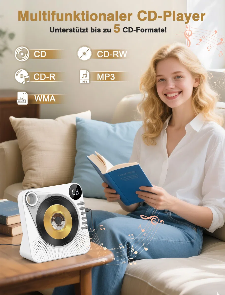 Greadio CD Player Tragbar mit Bluetooth 5.1, Kinder CD Spieler mit Lautsprecher, Fernbedienung, HiFi-Sound, Staubschutz, AUX/USB-Wiedergabe, Tragbarer cd Player für Zuhause (Weiß)