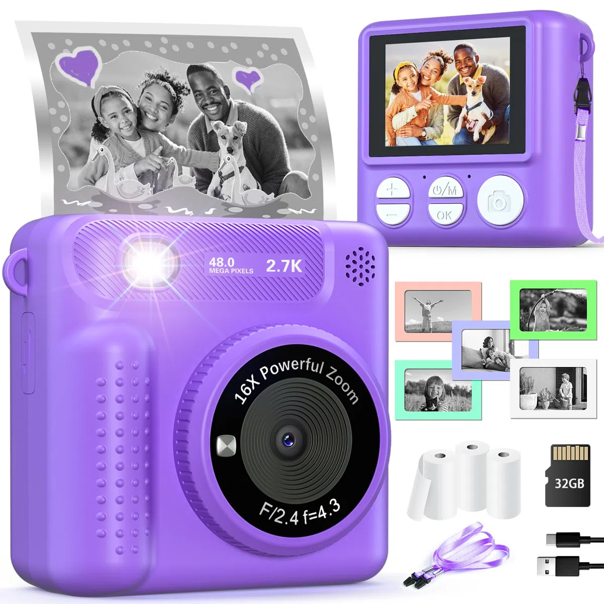 VATOS Kinderkamera Sofortbildkamera 2.4" 1080P 32GB Wiederaufladbare Digitalkamera mit Musik-Player