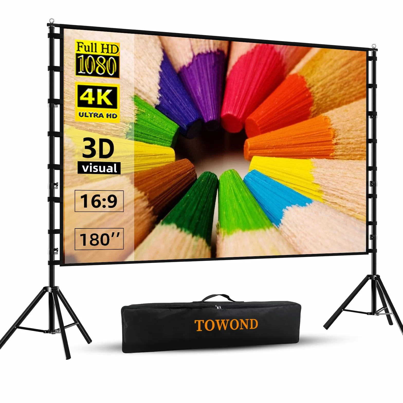 TOWOND 180 Zoll Beamer Leinwand mit Stativ, Leinwand für Beamer 160 Grad Betrachtungswinkel 16:9 HD Rear Front, Filmleinwand Outdoor und Tragetasche für Home Party Theater Nächte