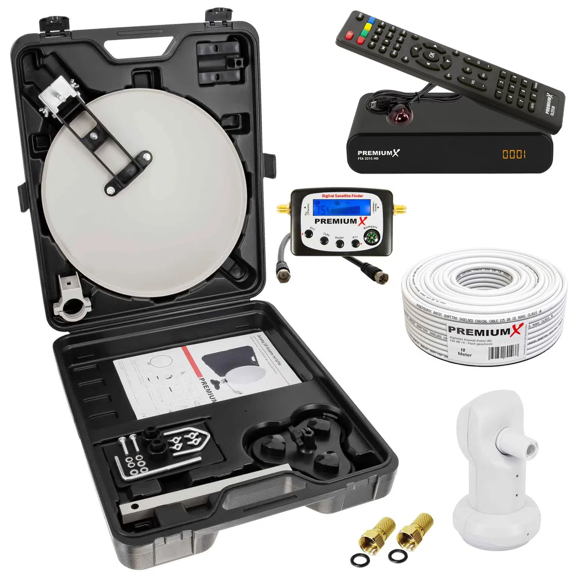 PremiumX Camping SAT Anlage komplett HD TV Receiver Satelliten-Finder Single LNB 10m Kabel F-Stecker kompakt im Koffer Camp-Zubehör