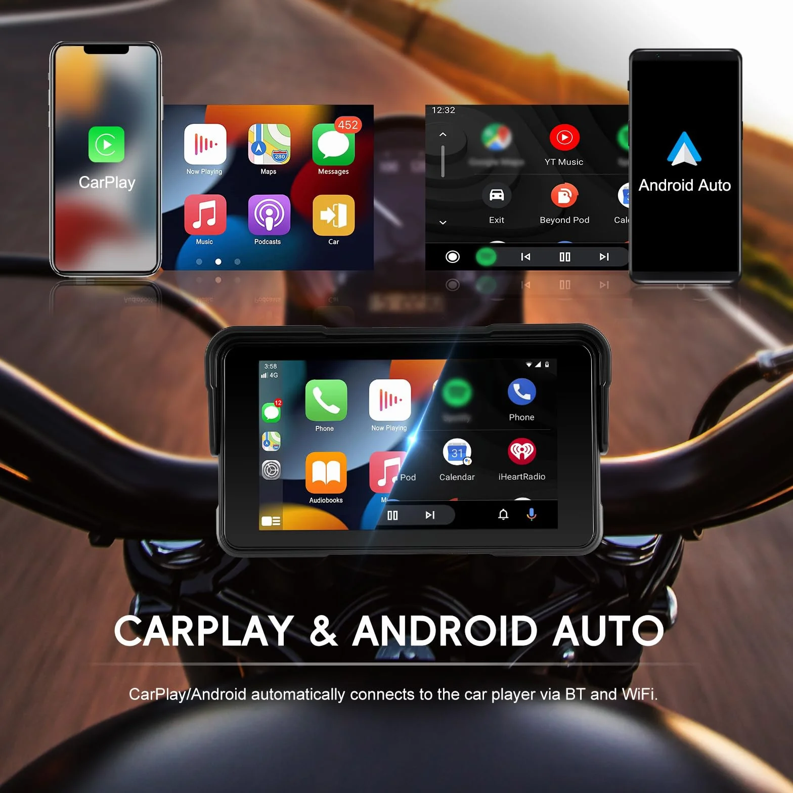 5 Zoll Motorrad Carplay Bildschirm mit Kabellos CarPlay und Android Auto, Touchscreen Bluetooth, Tragbarem Wasserdichtem, Navigation Schermo per Moto