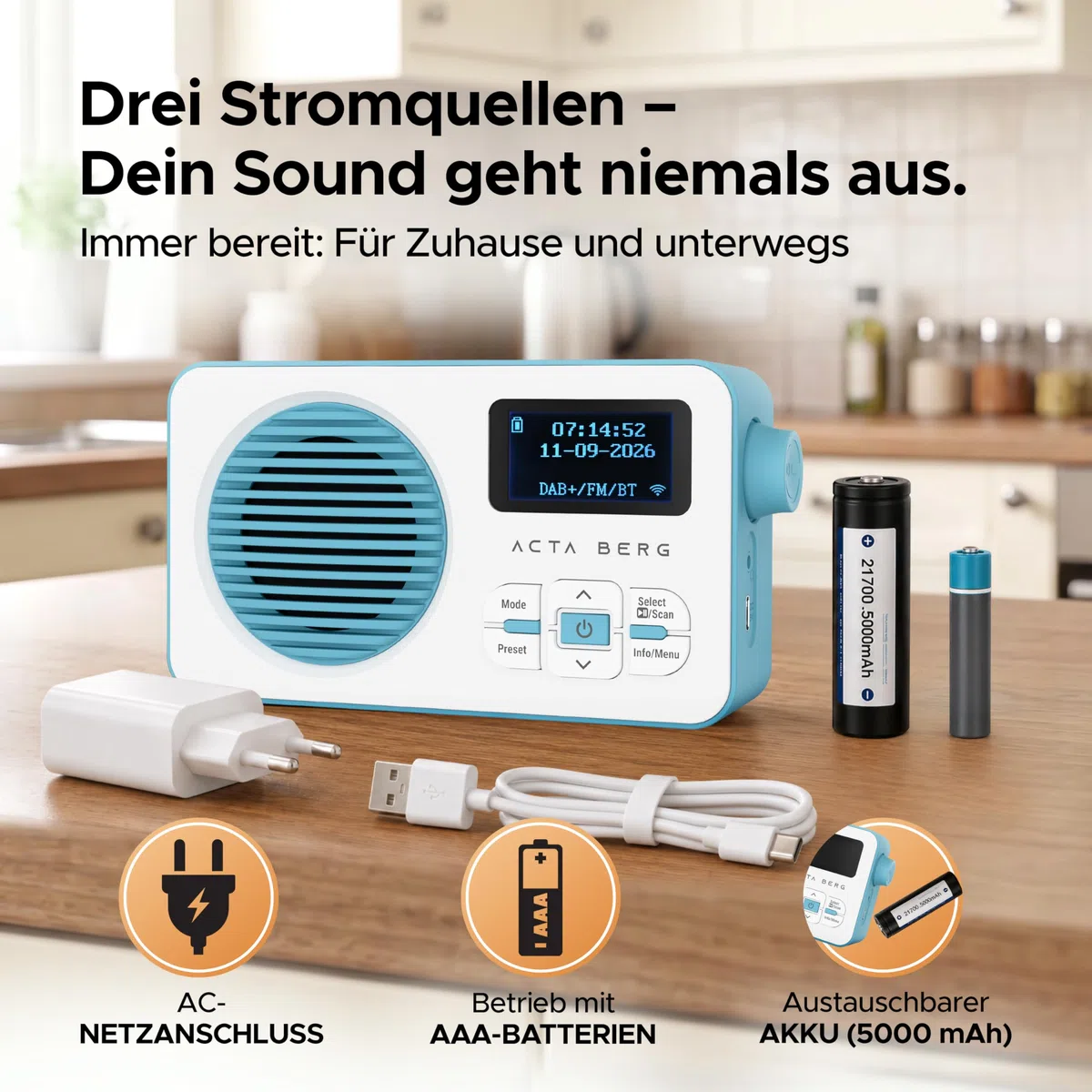 Acta Berg DAB Radio mit Akku 5000 mAh austauschbar & BT 5.3 (Baby-Blau) | DAB+/UKW-Radio, Akku austauschbar + Netzstecker, 80 Senderspeicher, USB-C, tragbares Digitalradio, mit Wecker & Timer