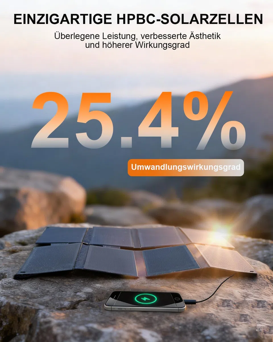 ELECAENTA 25W HPBC ETFE Faltbares Solar Ladegerät, Taschenformat Mini Solarpanel mit USB-A & USB-C, IP68 Wasserdicht für Outdoor, Camping, Wandern, Kompatibel mit Handy, Tablets, Powerbank
