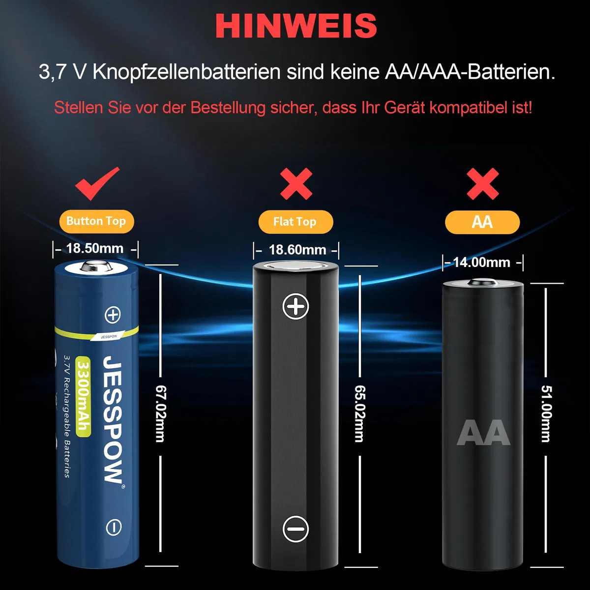 6 Stück 3,7 Volt Wiederaufladbare Akku Button Top, 3300mAh Batterie für LED-Stirnlampen, Taschenlampen, Kleinen Lüfter (18 x 67mm, Nicht-AA)