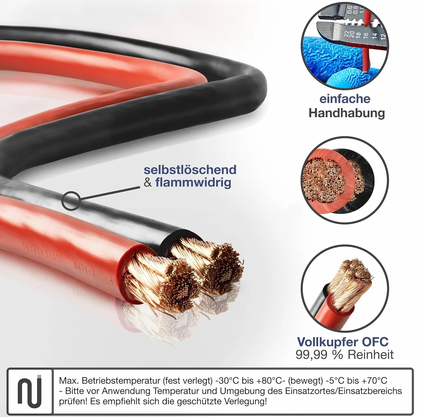 EBROM - 2 Meter Batteriekabel - rot und schwarz - Pluskabel und Massekabel - 16mm2 | 16 mm² | 16 mm2 - Vollkupfer 99,9% OFC Kupfer Stromkabel - Ihre Länge: je 2 Meter