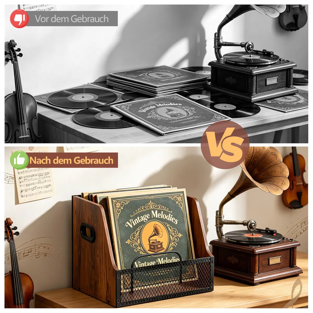 BILIONE Schallplatten Aufbewahrung - Holz & Metall Schallplatten Ständer für 7/10/12 Zoll Vinyl, Schallplattenhalter für bis zu 60 Schallplatten, Vinyl Aufbewahrung für Musikliebhaber