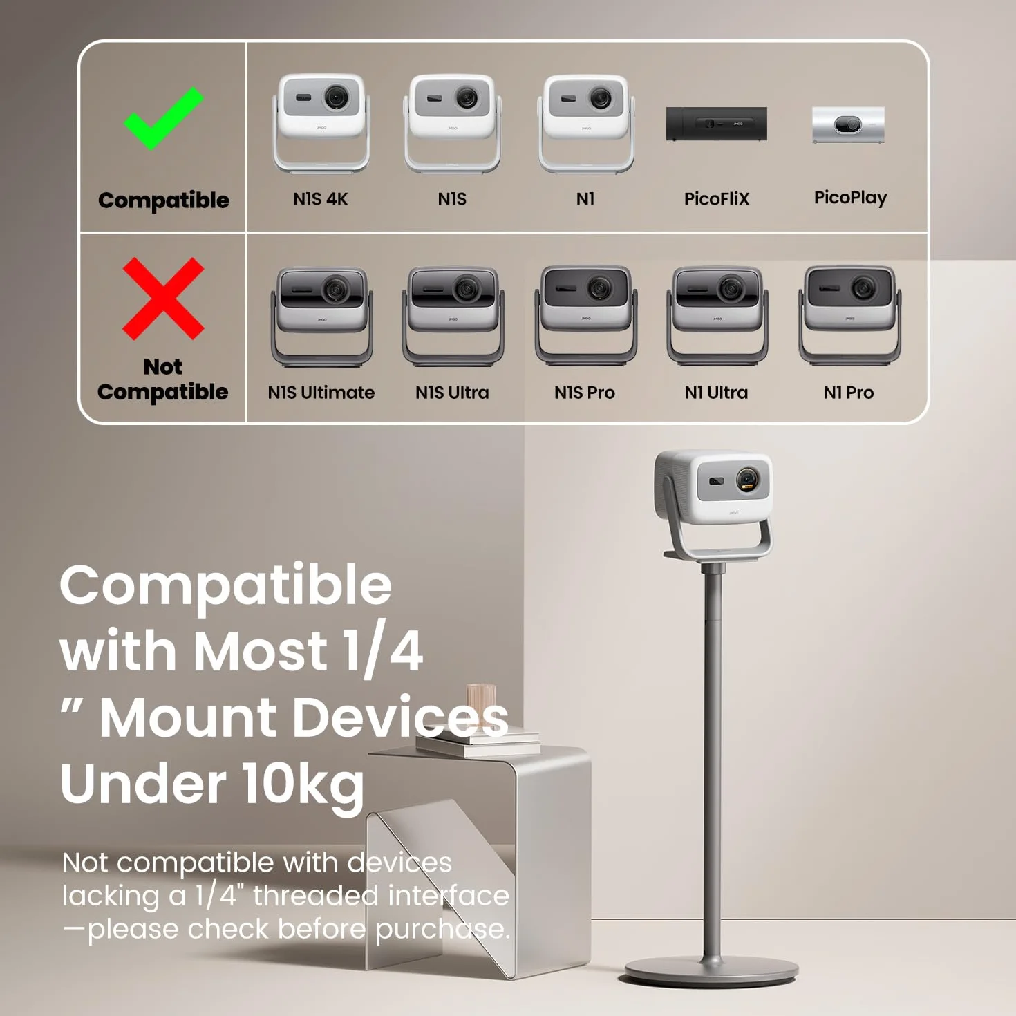 JmGO Projektor-Bodenständer für N1S 4K / PicoPlay / N1S 1080P / PicoFlix / N1, Aluminium in Luftfahrtqualität, fortschrittliches Design, einfache Installation, 5kg stabiler Standfuß, 10kg Tragkraft