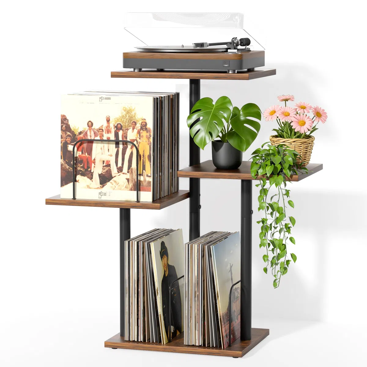 Bikoney Plattenspieler-Ständer mit Vinyl-Aufbewahrung, Holz-Tisch für Plattenspieler mit LP-Regal, Schallplatten-Organizer und Display für Kleine Räume, Wohnungen, Schlafzimmer und Wohnzimmer