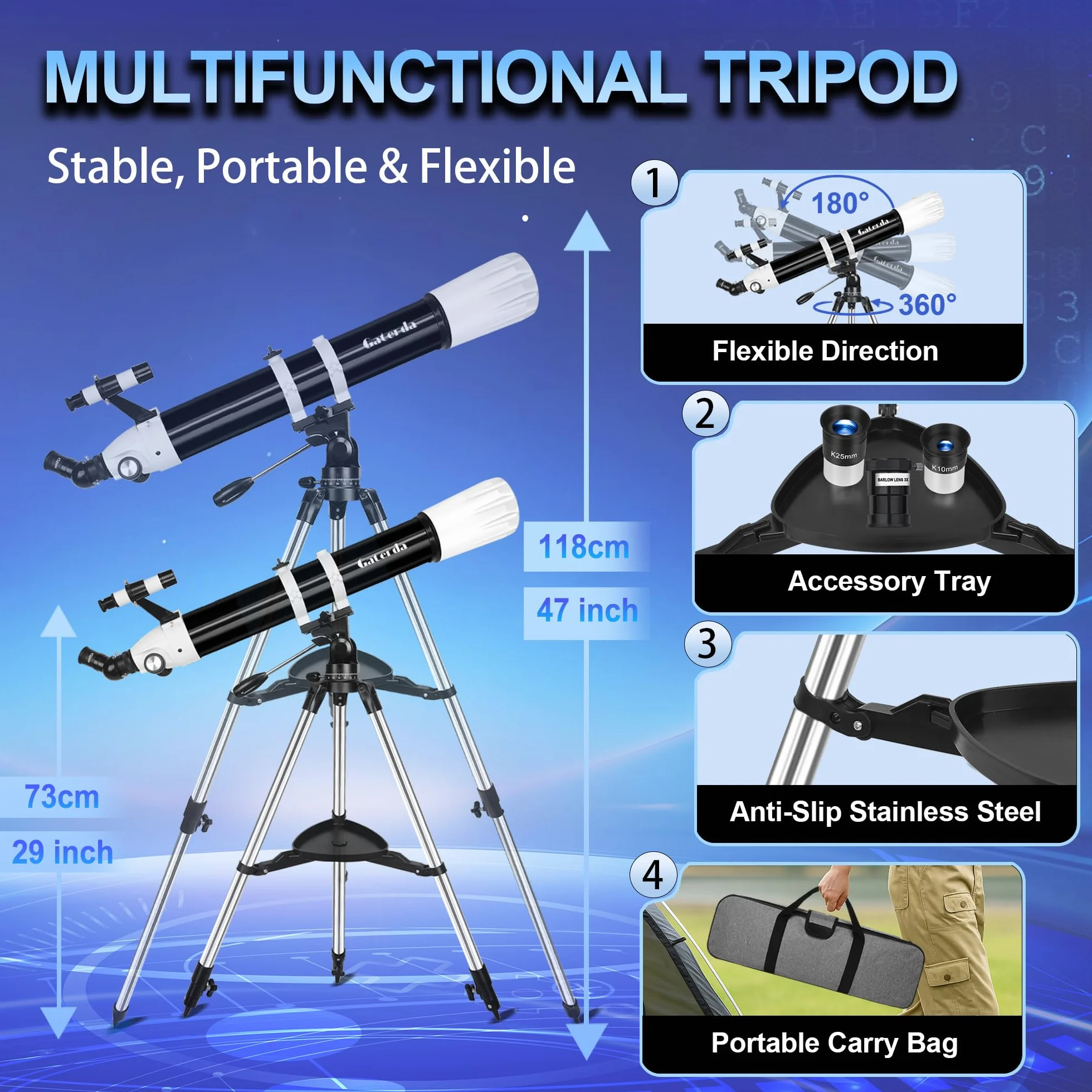 Teleskop, 90mm Öffnung 900mm Refraktor Teleskop Astronomie für Erwachsene, 36X-270X hohe Vergrößerung, Professionelle Teleskope für Anfänger, Stativ, Telefonhalterung und tragbare Tragetasche