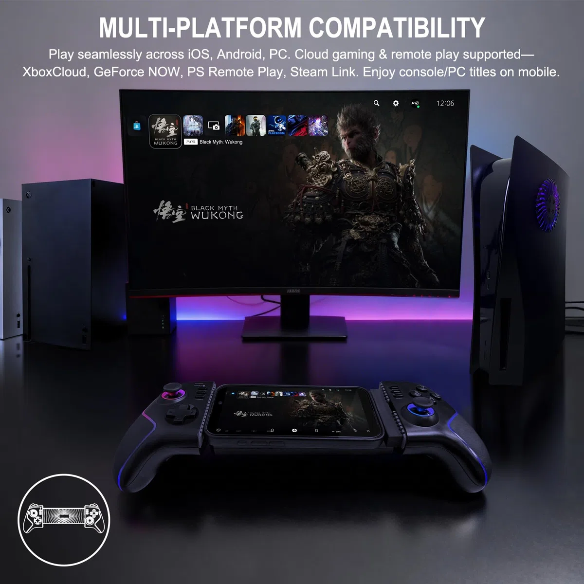 Joso Mobile Game Controller für iPad 13" & Tablet, iPhone, Android Control mit Hall-Joysticks/Triggern/Makro/Turbo/RGB-Beleuchtung und klemmbarem iPad, Play Ps4/Xbox/PC-Streaming & Cloud-Gaming