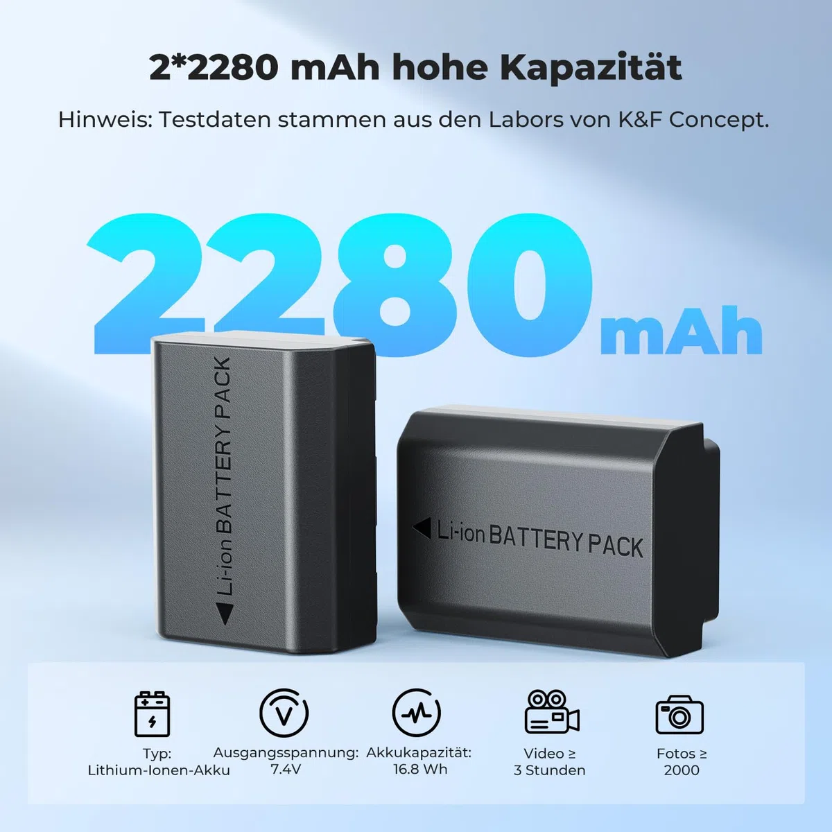 K&F CONCEPT NP-FZ100 Kamera Akku,2er Pack 2280mAh Kameraakku USB Dual Ladegerät für Sony Alpha 9, A9, Alpha 9R, A9R, Alpha 9S, A9S, A7RIII A7R3, A7 III, A7R4, A7RIV ZV-E10ii Digitalkameras