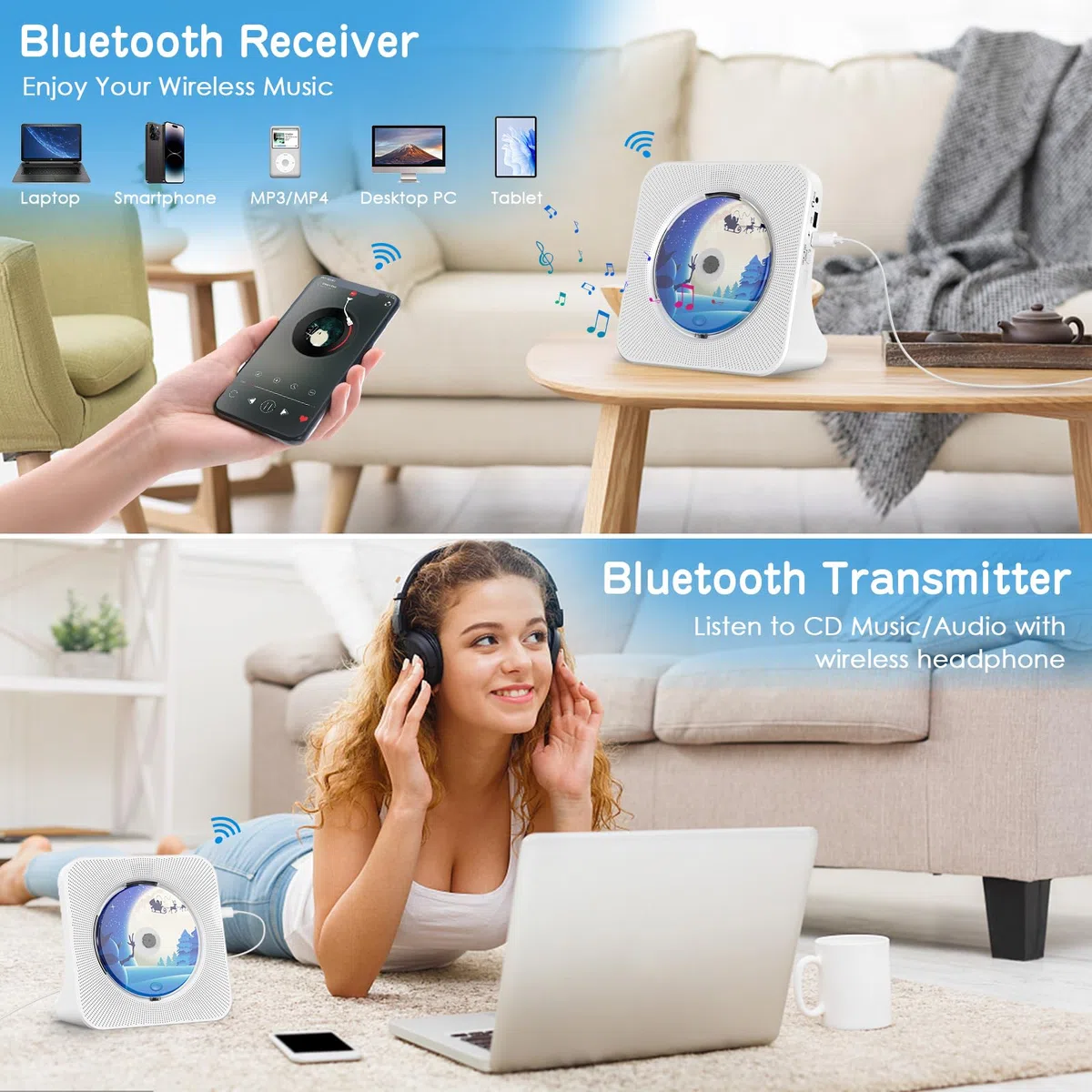 CD Player mit Lautsprecher CD-Player Bluetooth 5.0 mit Fernbedienung Staubschutzhülle Bildschirm FM-Radio Timer USB-Wiedergabe AUX-Wiedergabe Kopfhöreranschluss