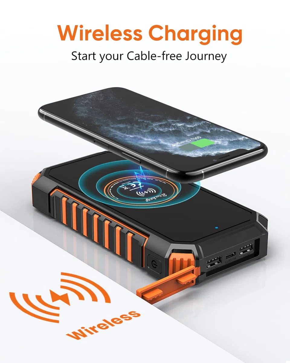 Hiluckey Wireless Solar Powerbank 20000mAh Wasserdichtes Solar Ladegerät USB C Externer Akku mit 4 Outputs , Power Bank für Smartphones, Tablets und mehr