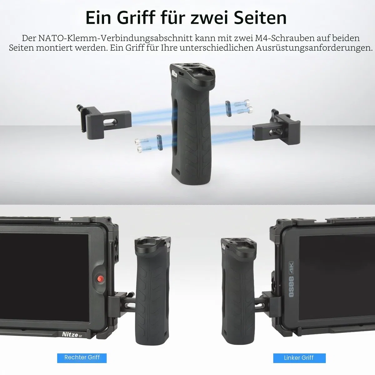 Nitze Ergonomischer Seitengriff mit NATO-Klemm, Side Handle NATO-Clamp für Linke Oder Rechte Hand, Mini-Seitengriff with Built-in Cold Shoe Nach Oben und Unten Verstellbar für Kamerakäfig-PA29C