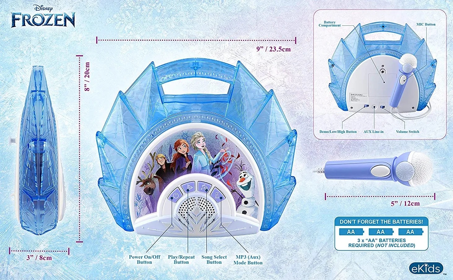 eKids FR-115 Lizenzierte Disney Frozen Karaoke Boombox mit Mikrofon und Audio Eingang für Kinder ab 3 Jahren
