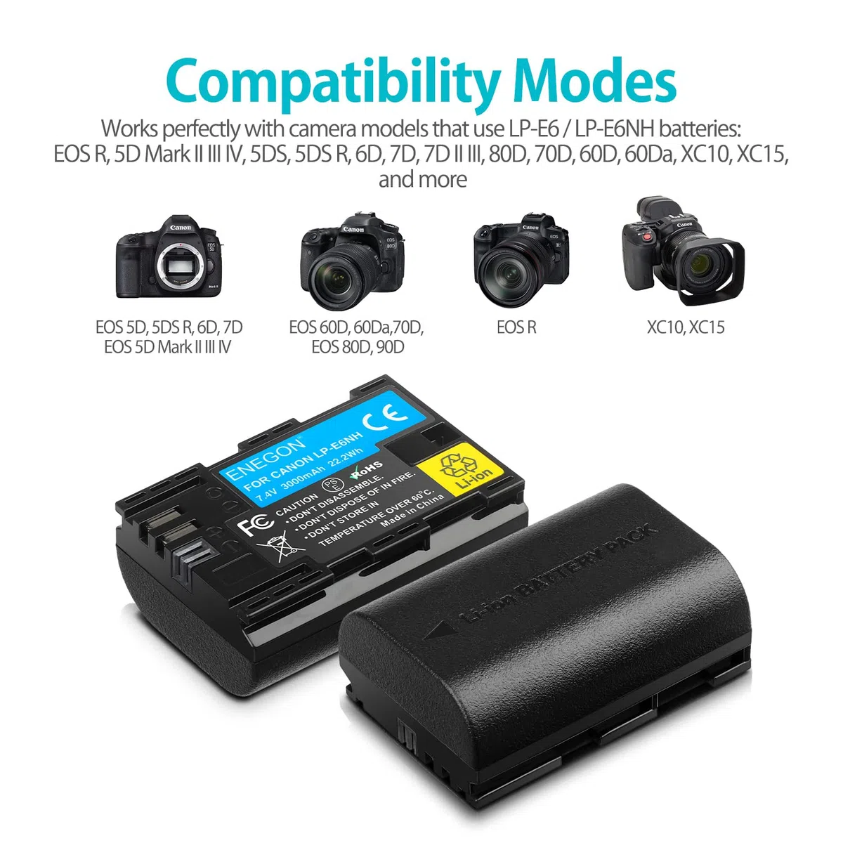 ENEGON LP-E6NH Li-Ion-Akku, hohe Kapazität, 3000 mAh, Ersatzakku für Canon EOS R, R5C, 5D Mark II, 5D III, 5D IV, 5DS, 5DSR, 6D, 7D, 7D II, 7D III, 80D, 70D, 60Da, XC10, XC15