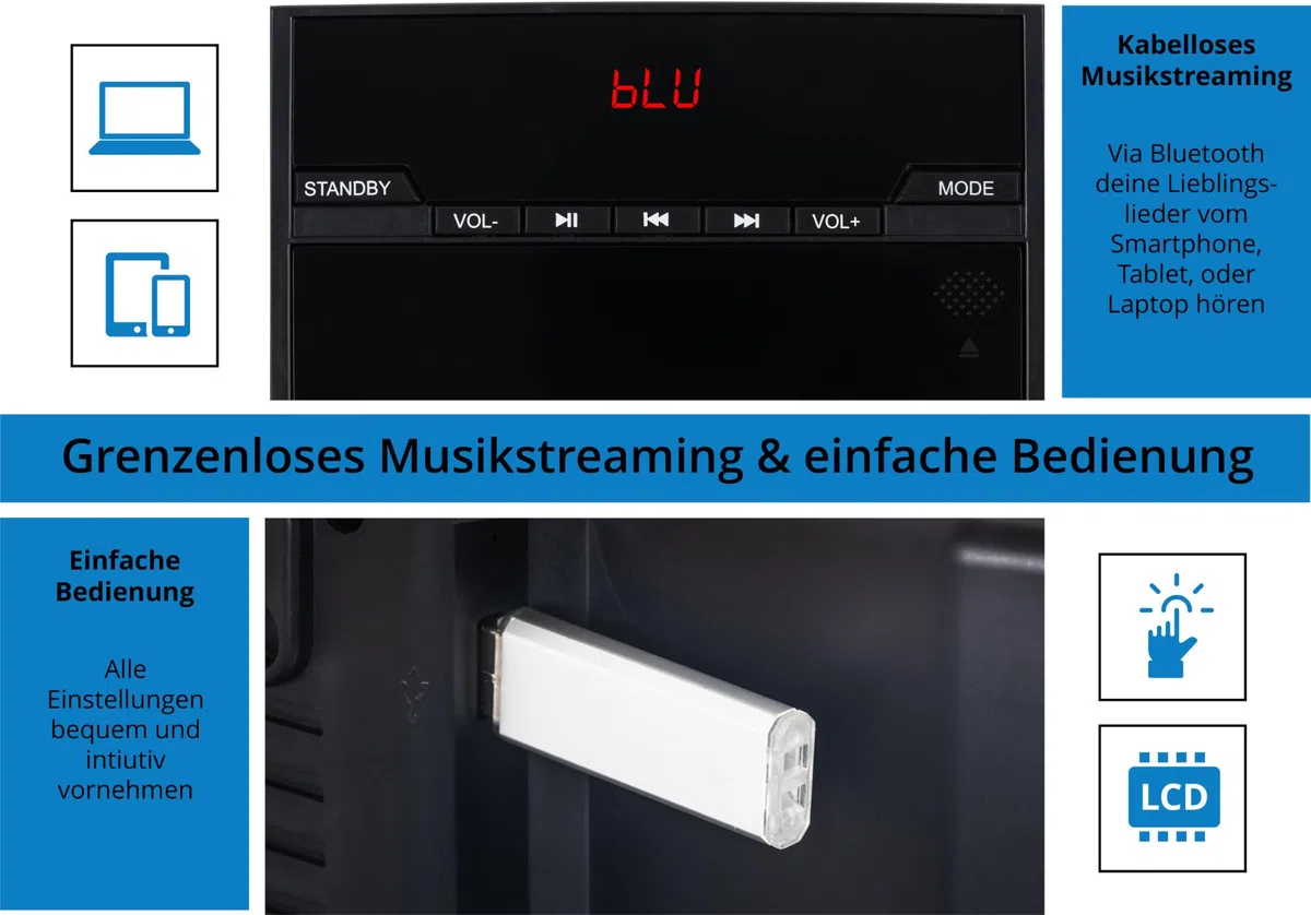 MCD-60 Vertikal Stereoanlage mit CD/MP3-Player, USB-Slot und Bluetooth - Retoure (Zustand: gut)