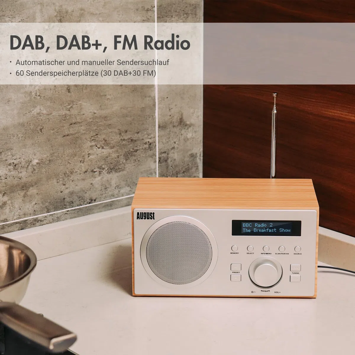 August MB420 DAB+/FM Radio mit Bluetooth digitales Küchenradio mit Holzgehäuse mit RDS-Funktion 60 Presets Hifi Lautsprecher 5W - Radiowecker mit Sleeptimer Alarm Snooze - USB/Aux-In/Aux-Out