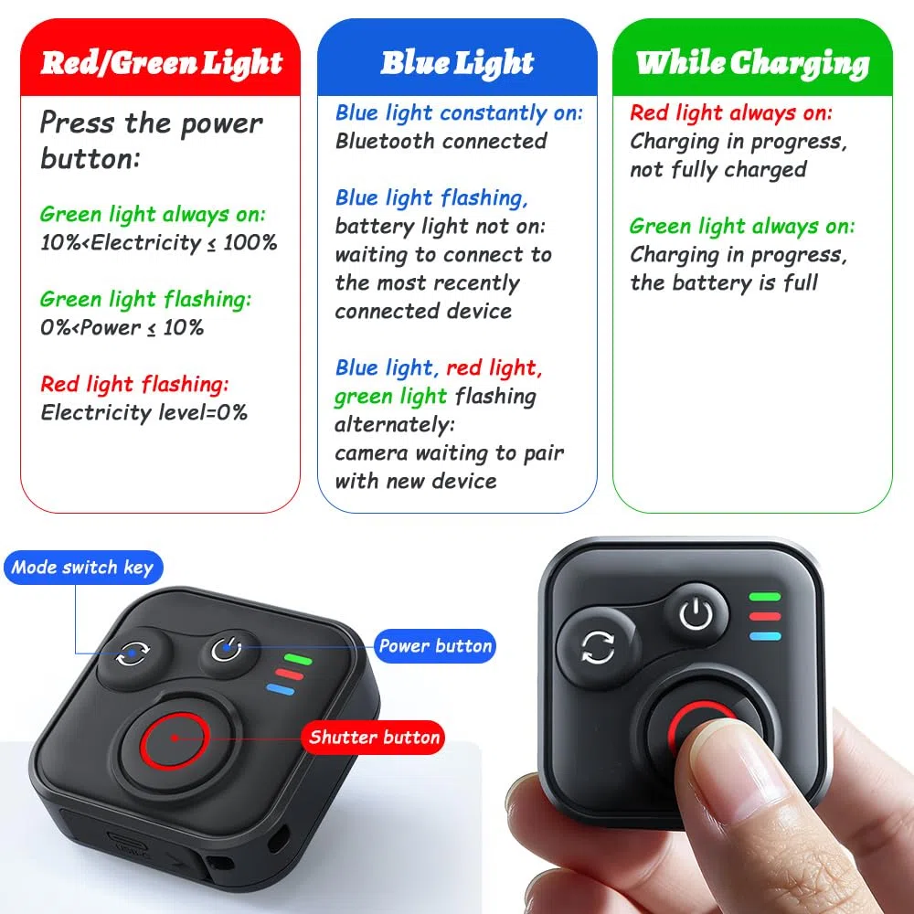 Bluetooth Fernbedienung für Insta360 X5/X4/X3/Ace Pro 2/Ace Pro/GO3S/GO3/GoPro Hero 13/12/11/IOS/Android, Smart Wireless Fernbedienung mit Handschlaufe zur USB-Ladekabel, Reichweite 50m