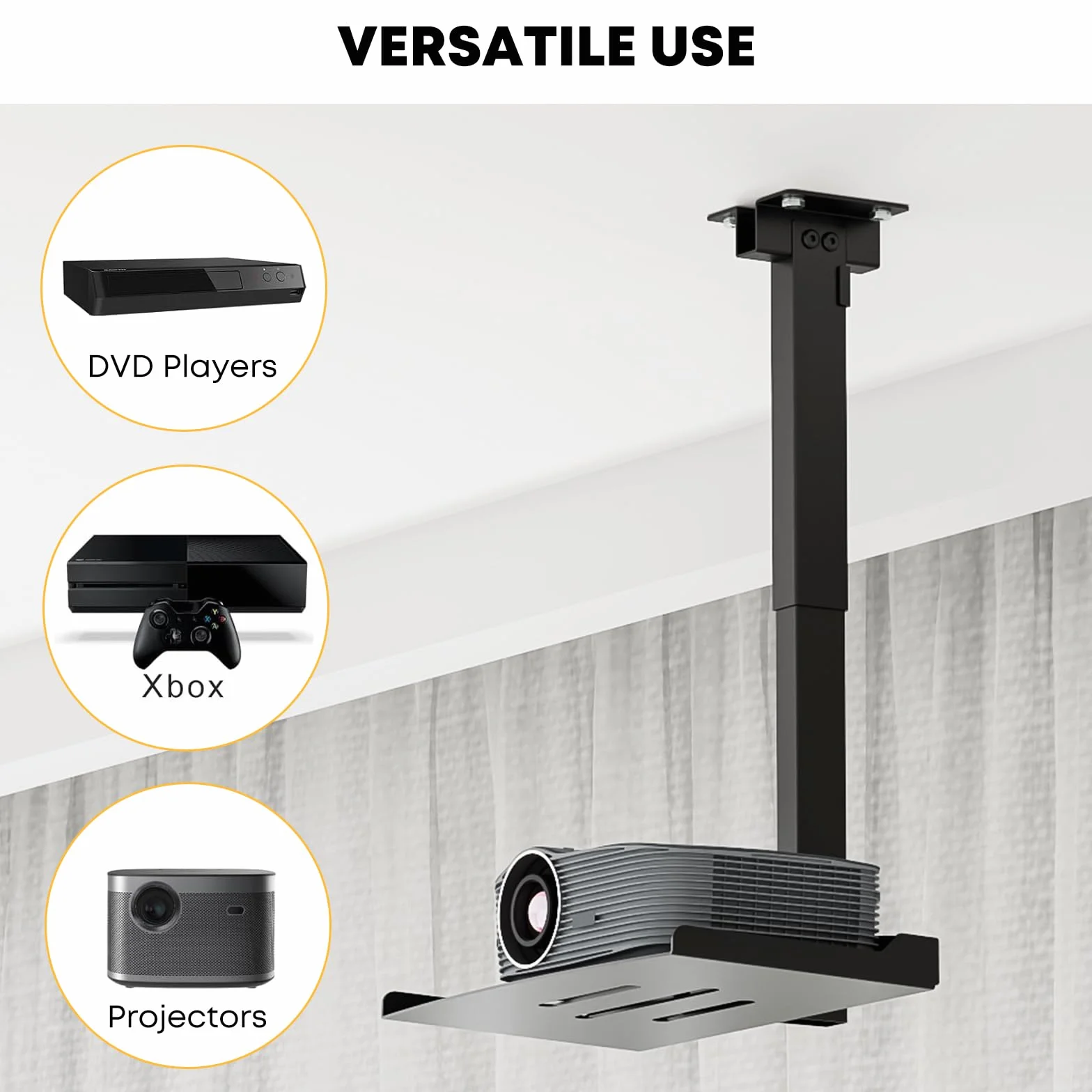 PUTORSEN Beamer Projektor Halterung - Höhenverstellbar Beamer Deckenhalterung oder Wandhalterung Installation ohne Bohrung,Verdeckte Kabelführung,Hält bis zu 10 kg,Schwarz