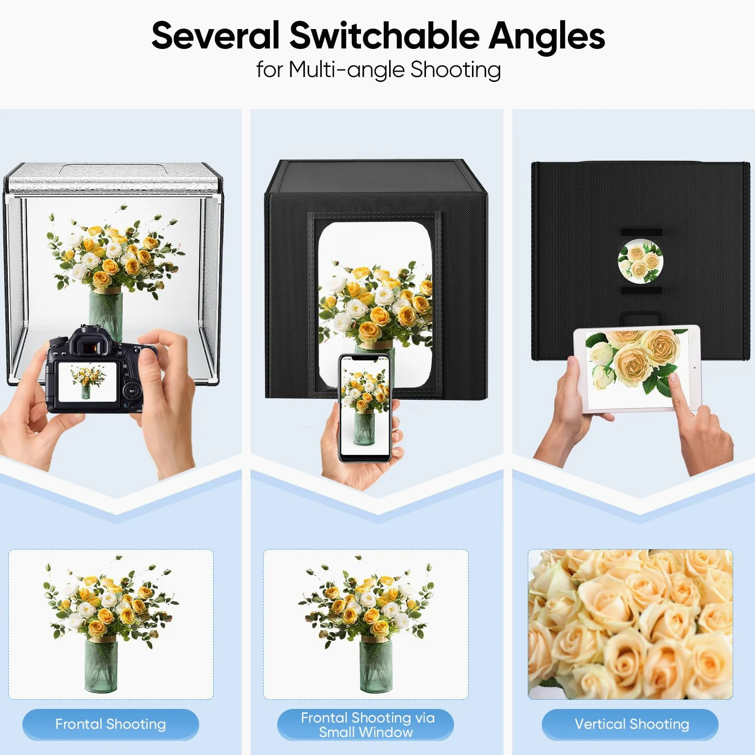 Foto-Softbox, 60 x 60 x 60 cm, Fotostudio und Beleuchtung mit 2 abnehmbaren und dimmbaren LED-Streifen, 6 Hintergrundfarben für alle Arten von Produktfotografie