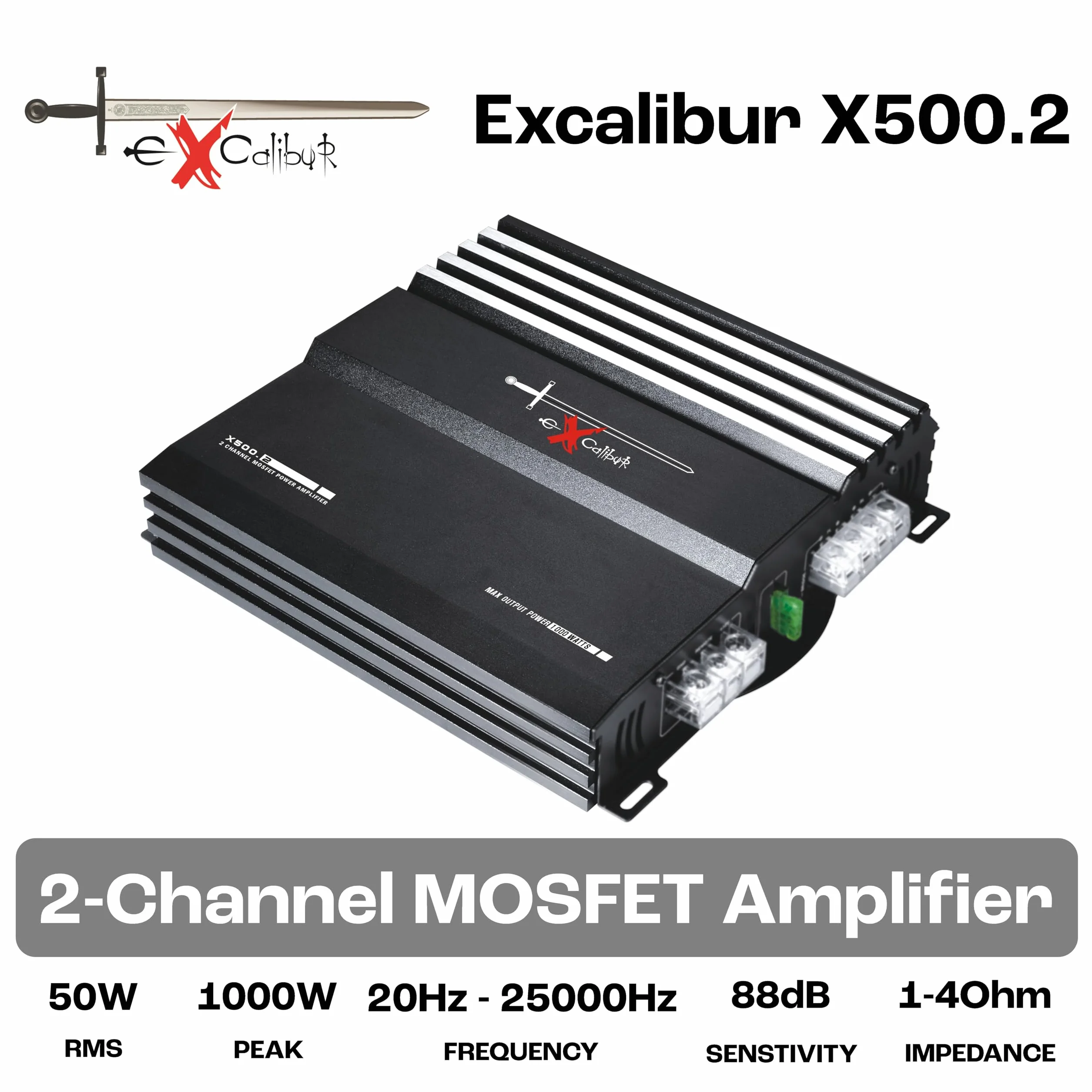 Excalibur X500.2 2-Kanal MOSFET Auto Verstärker Endstufe mit 1000W Maximalleistung 50W RMS und flexibler 1-4 Ohm Impedanz für ein kompaktes und leistungsstarkes Upgrade der Kfz-Audioanlage