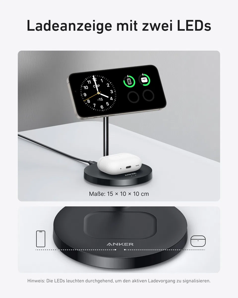Anker MagGo 15W Magsafe Ladegerät kompatibel, 2-in-1 Induktive Ladestation, Qi2 Wireless Charger für iPhone 17/16/15/14/13/12, AirPods Pro, Mit 1,5m USB C Kabel, ohne Netzteil