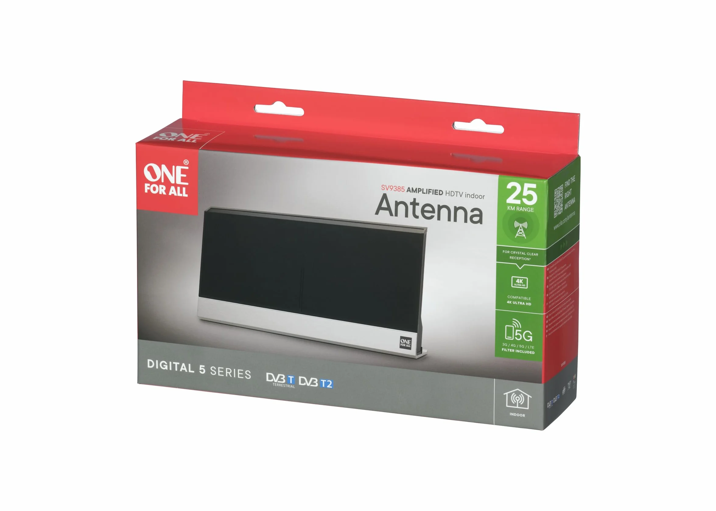 One For All – 3G/4G/5G-blockfilter - DVB-T2 Zimmerantenne – Digital-TV in Full HD – Signal Clear-Technologie– 0 bis 25 km Reichweite – Schwarz – SV9385-5G