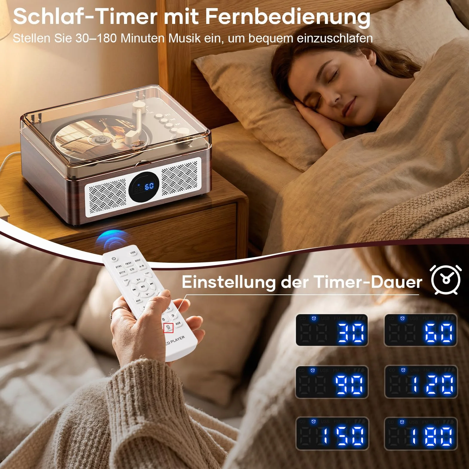 Bluetooth CD Player Tragbar mit Lautsprecher - Lehwey Retro CD-Player mit FM Radio, Stereo Sound, Unterstützt USB/AUX Wiedergabe, Vintage Desktop CD Spieler mit Fernbedienung, Staubschutz (Holz)