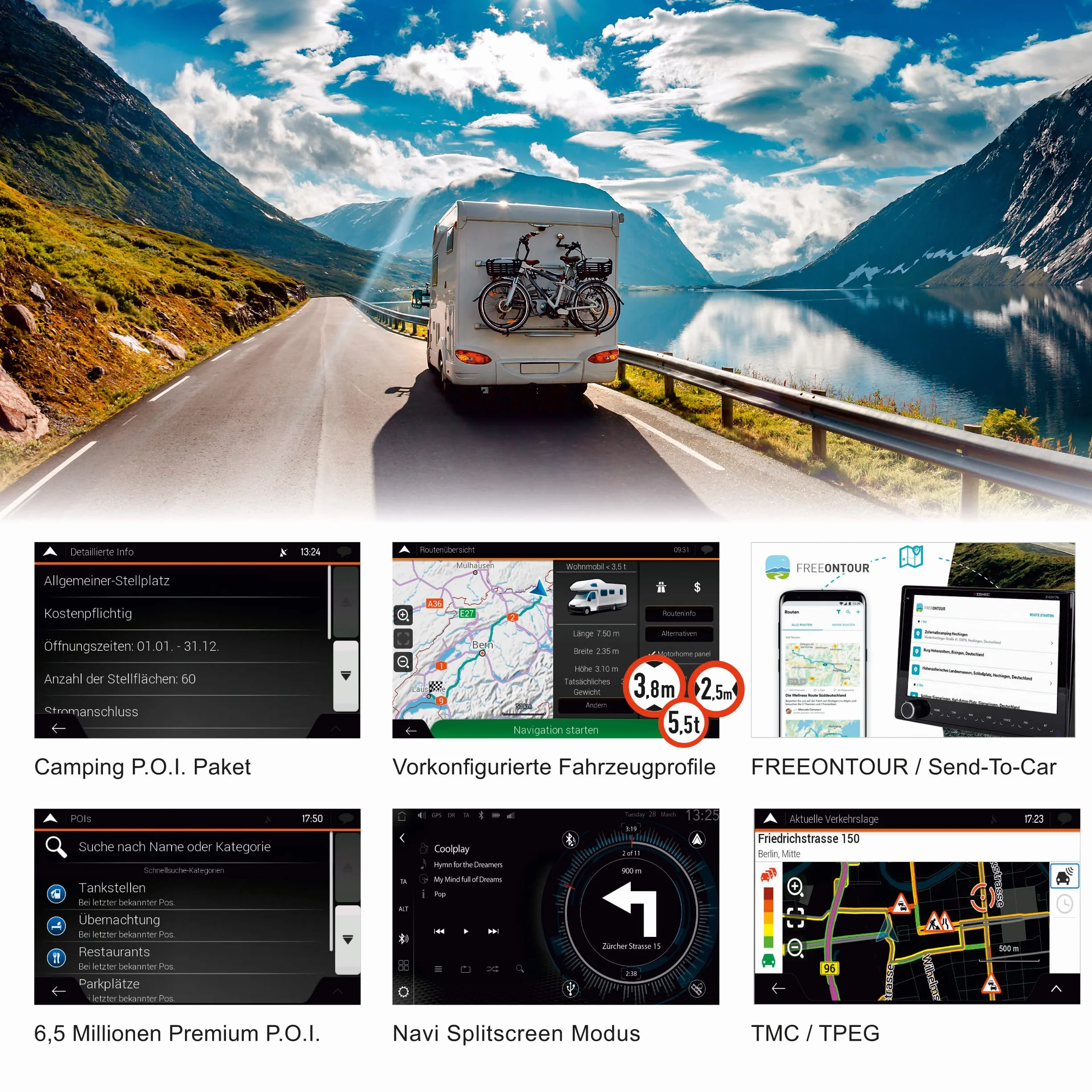 ZENEC Z-EMAP76MH-TT3 – Micro SDHC-Karte mit Reisemobil Navigation für ZENEC Infotainer Z-E3776, Z-N1000, Z-N975 und Z-N976, 3-D Karten für Europa, Camping P.O.I. für Wohnmobile, TMC