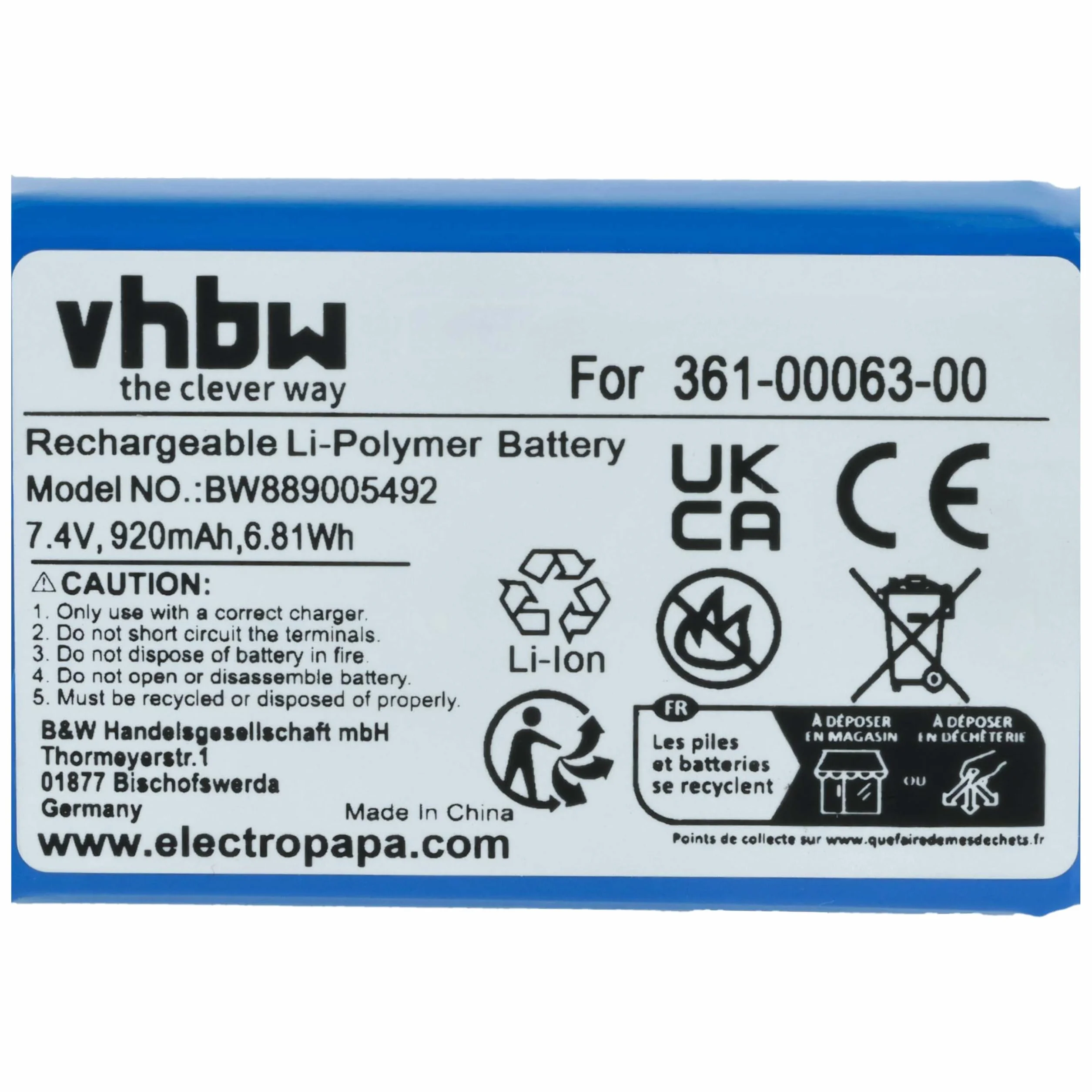 vhbw Akku Ersatz für Garmin 361-00063-00 für GPS Navigation Navi (920 mAh, 7,4 V, Li-Polymer)