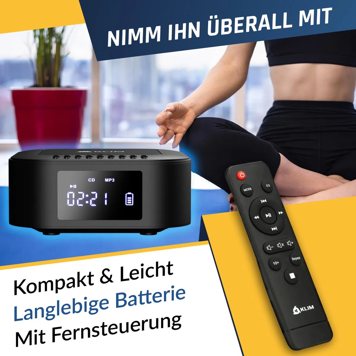 KLIM Boombox E1 Radio mit CD Player - BASS Boost mit Tieftöner - FM Radio, MP3, Bluetooth, AUX, USB, Kompakt Disc - CD Player tragbar mit kabellosem Modus und aufladbaren Akku - Mit Fernbedienung