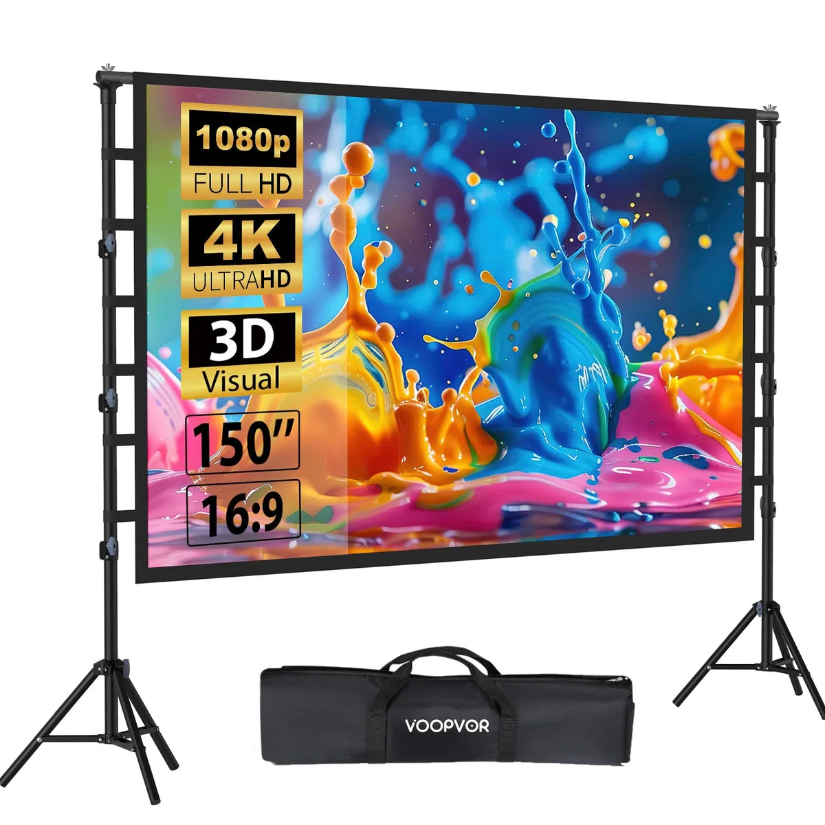 Outdoor Beamer Leinwand mit Stativ 150 Zoll: Tragbare Projektionsleinwand 16:9 4K HD, Kinoleinwand für Innen/Außen, mit Tragetasche & höhenverstellbarem Stand für Heimkino & Camping