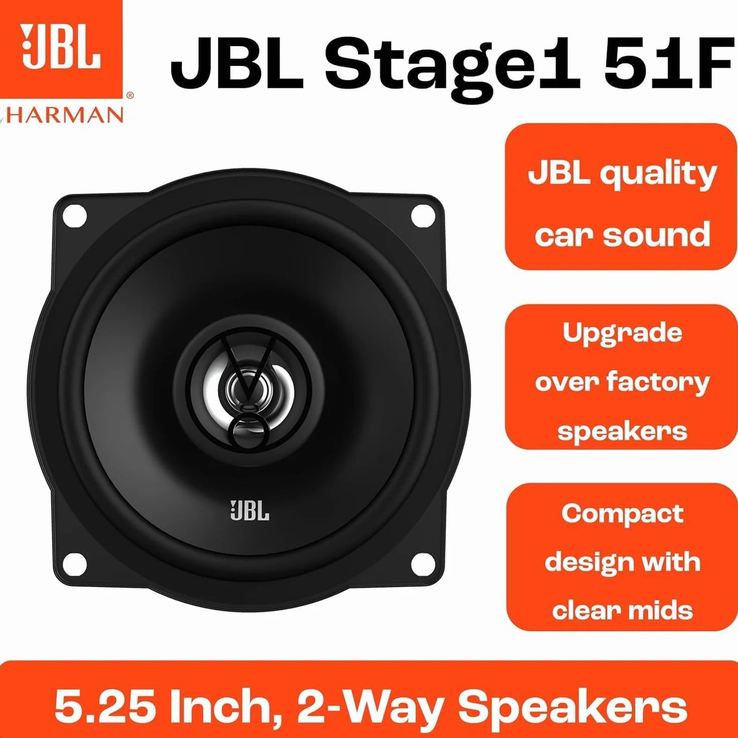 JBL Stage1 51F 2-Wege Auto Lautsprecher Set von Harman Kardon - 150 Watt KFZ Auto Boxen 30 Watt RMS - 2 stück Car HiFi JBL Box groß 13cm | 130mm | 5,25 Zoll, Schwarz