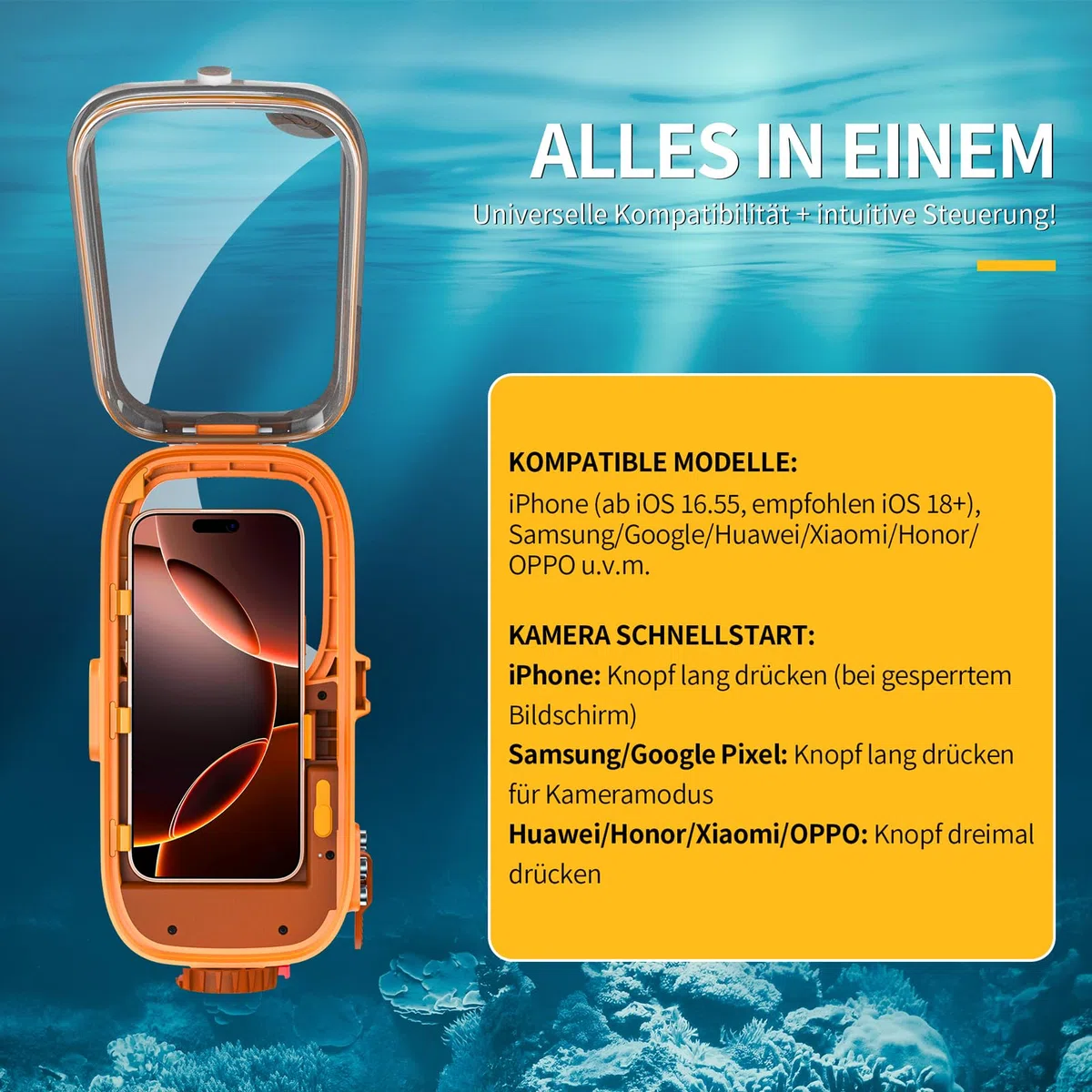 wasserdichte Handyhülle IPX8 Universelle Tauchen,Professionelle Unterwasser Hülle 15M Wasserfeste [Bluetooth Funktion][Einstellbarer Fokus] Case für iPhone Samsung Xiaomi 4.7-6.9",Orange
