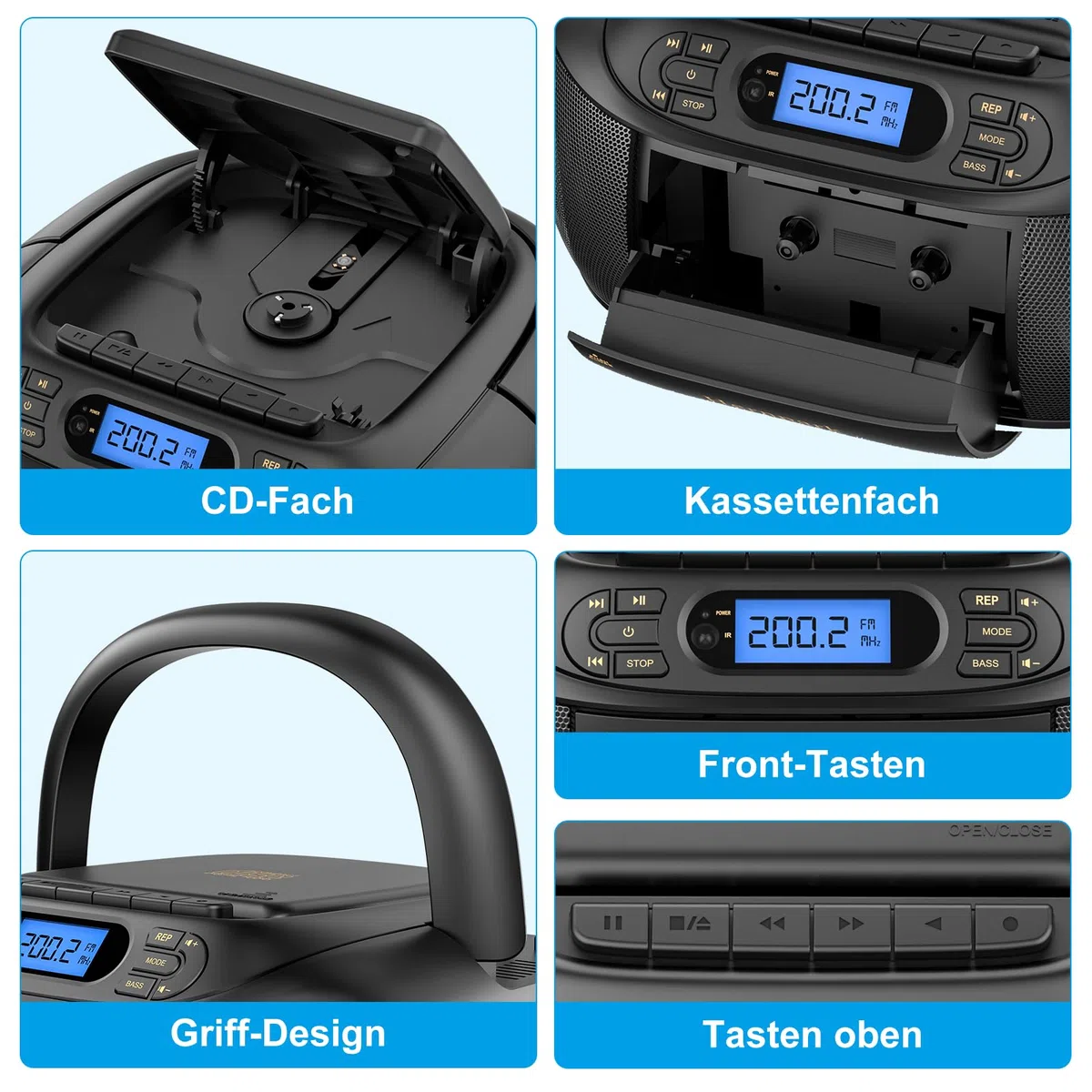 CD-Player mit Kassette, CD Boombox mit Bluetooth, UKW-Radio, Eingebauten Stereo-Lautsprechern, Wiederaufladbarem CD/Tape-Player, AUX-Eingang, USB-Wiedergabe, Kopfhörerausgang
