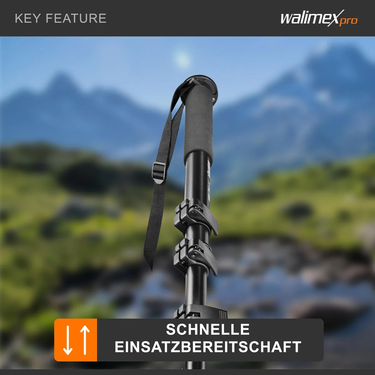 Walimex FT-1502 Pro Einbeinstativ 177 cm, robustes Fotostativ aus Aluminium, Kamerastativ mit 10 kg Traglast, Stativ für DSLR, DSLM und Kompaktkameras, inkl. Transporttasche